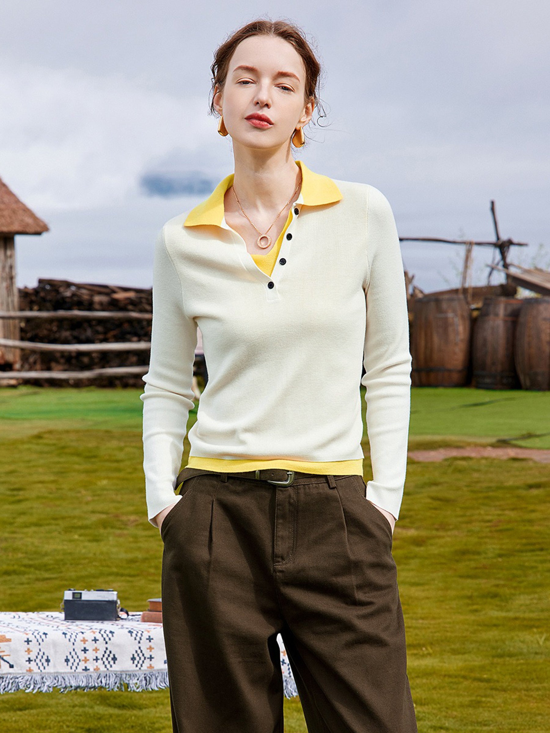 KAMILAN Women’s 2025 Fall French-Style Colorblock Polo Collar Knit Pullover Sweater Slim Casual Long-Sleeve Top