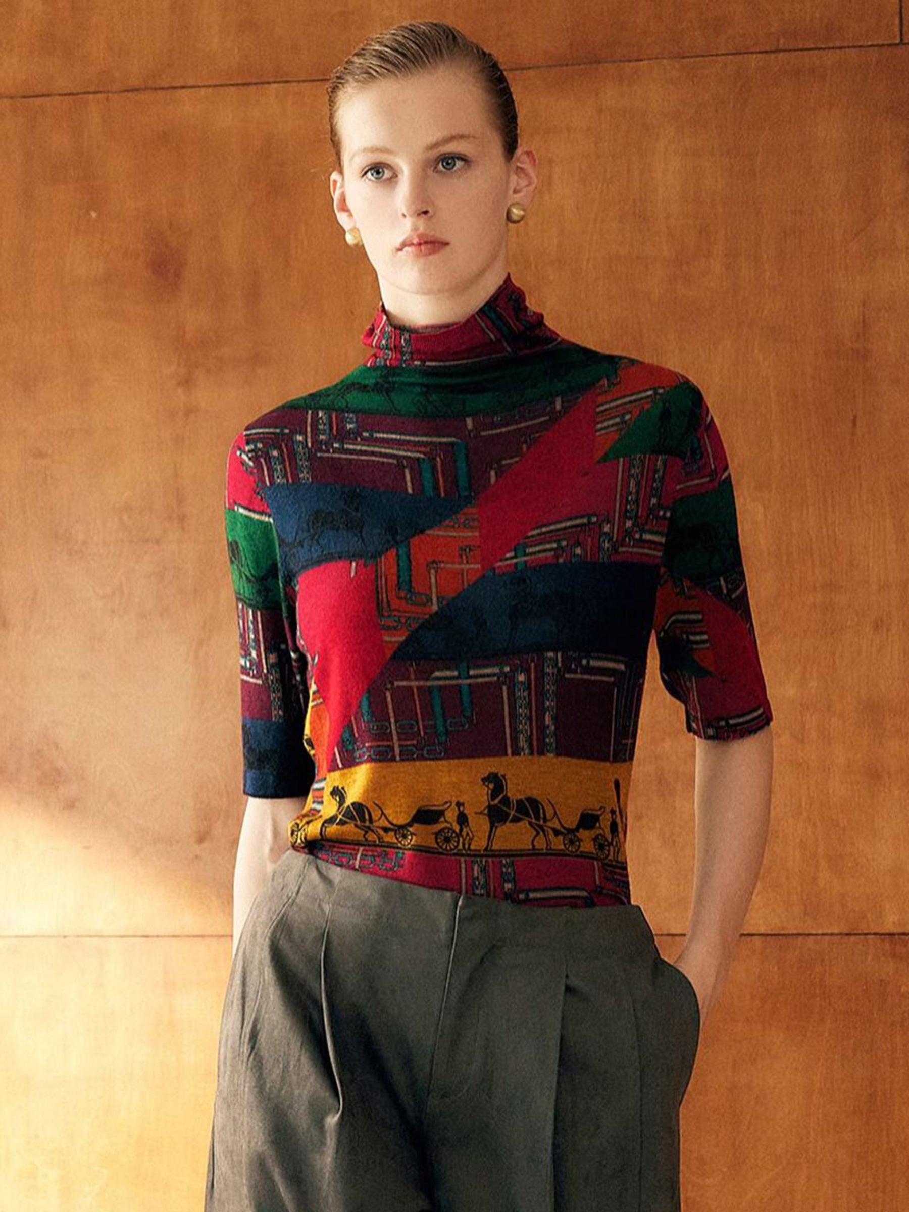 KAMILAN Women’s 2025 Fall 100% Merino Wool Printed Mock-Neck Knit Sweater Elegant Fine Long-Sleeve Pullover Top