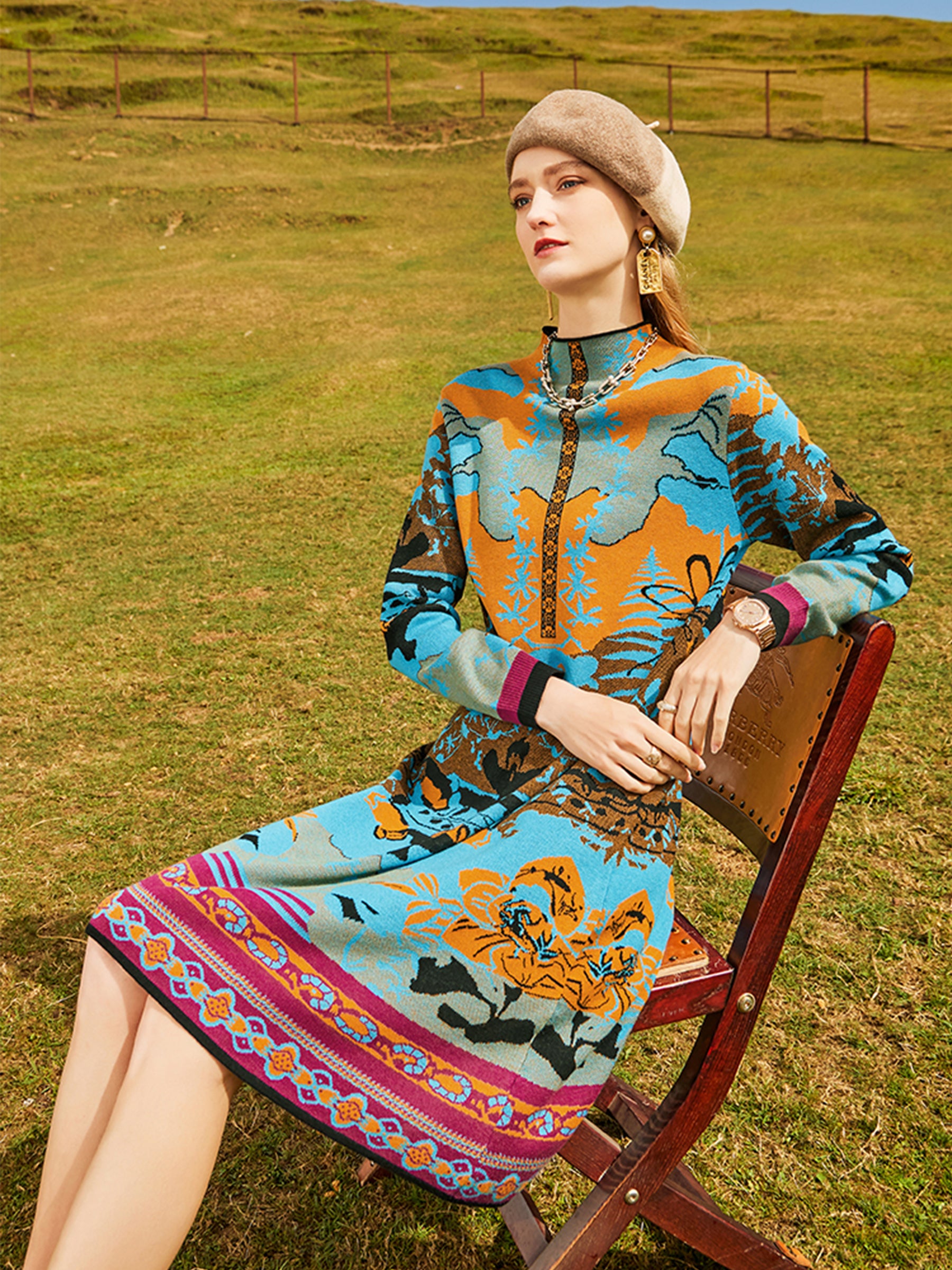 KAMILAN Women’s 2025 Fall A-Line Long-Sleeve Printed Knit Dress Loose-Fit Round-Neck Pullover Midi Dress