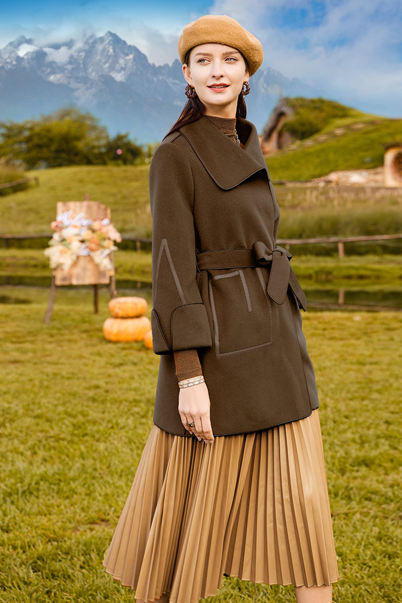 KAMILAN Women's Wool Coat – 2025 Winter New Elegant Double-Faced Midi Overcoat with Belt
