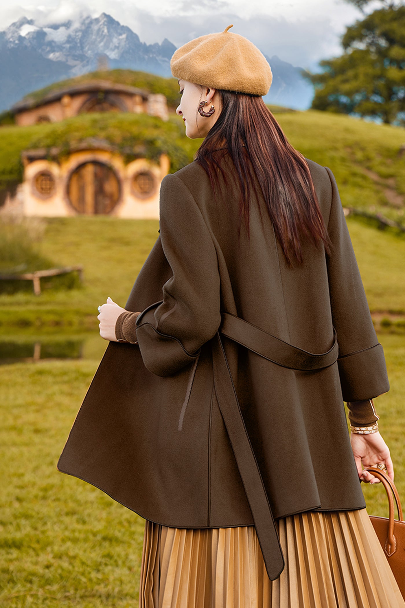 KAMILAN Women's Wool Coat – 2025 Winter New Elegant Double-Faced Midi Overcoat with Belt