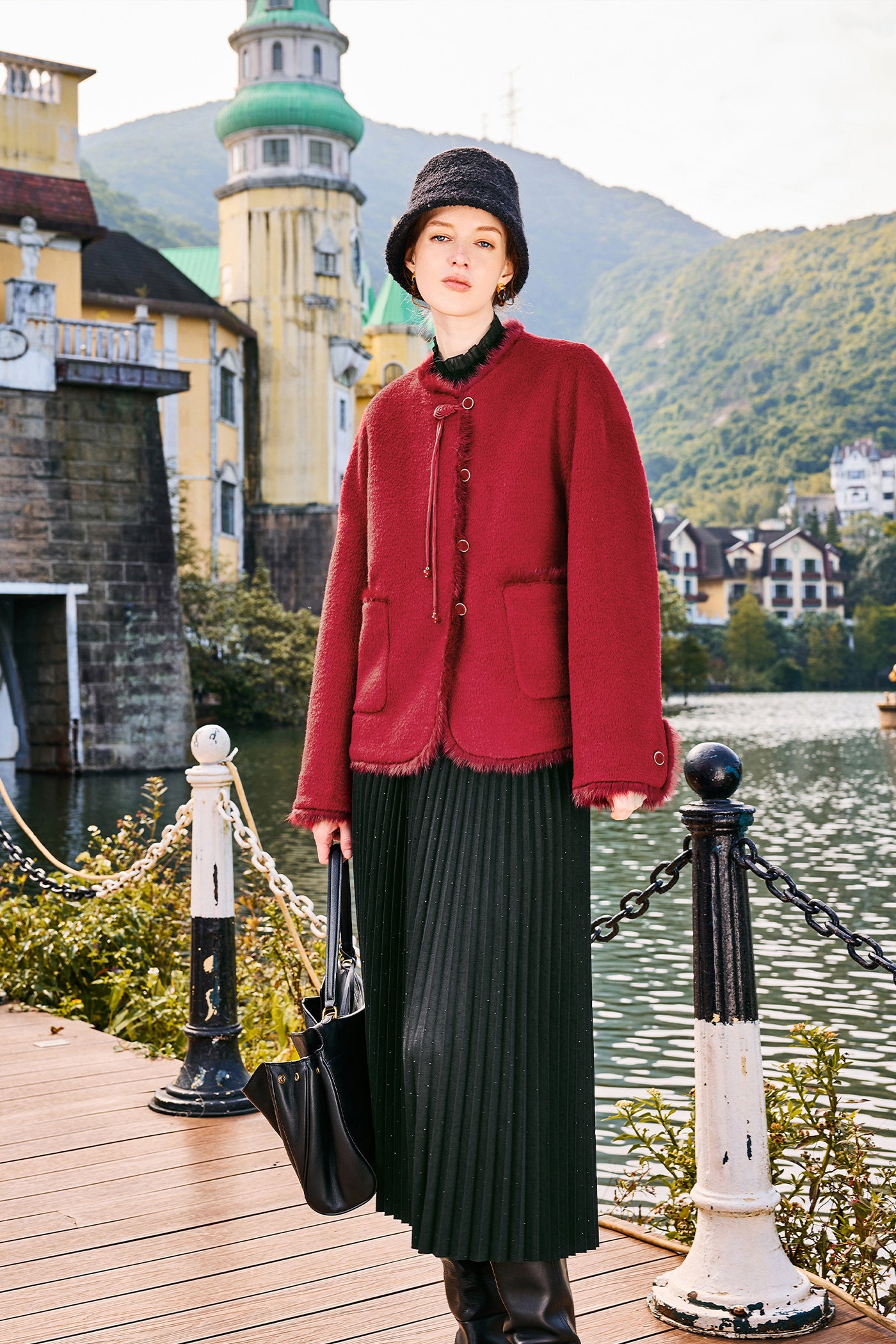 KAMILAN Women's New Chinese-Style Coat – 2025 Autumn/Winter Fur-Trimmed Round-Neck Jacket