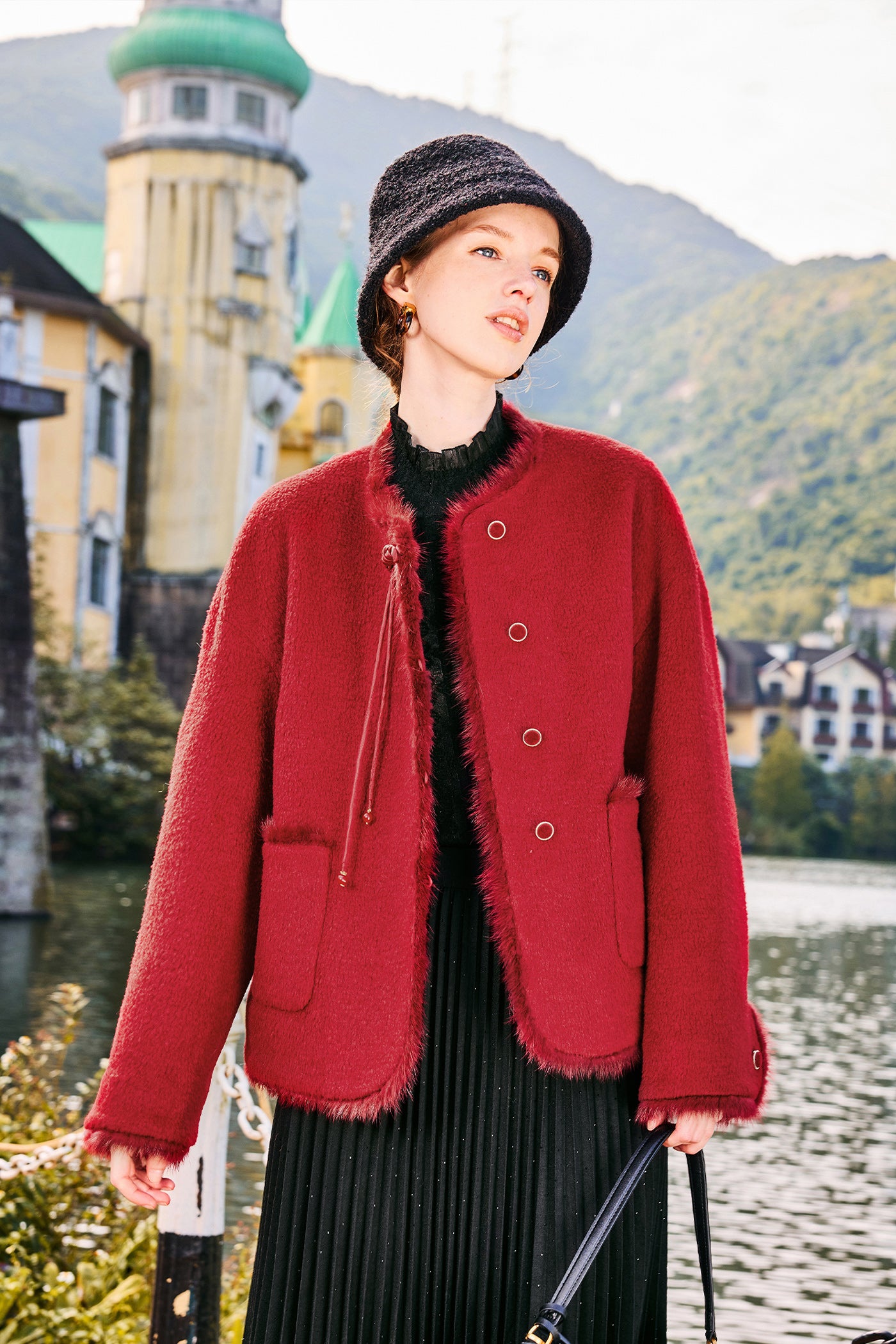 KAMILAN Women's New Chinese-Style Coat – 2025 Autumn/Winter Fur-Trimmed Round-Neck Jacket
