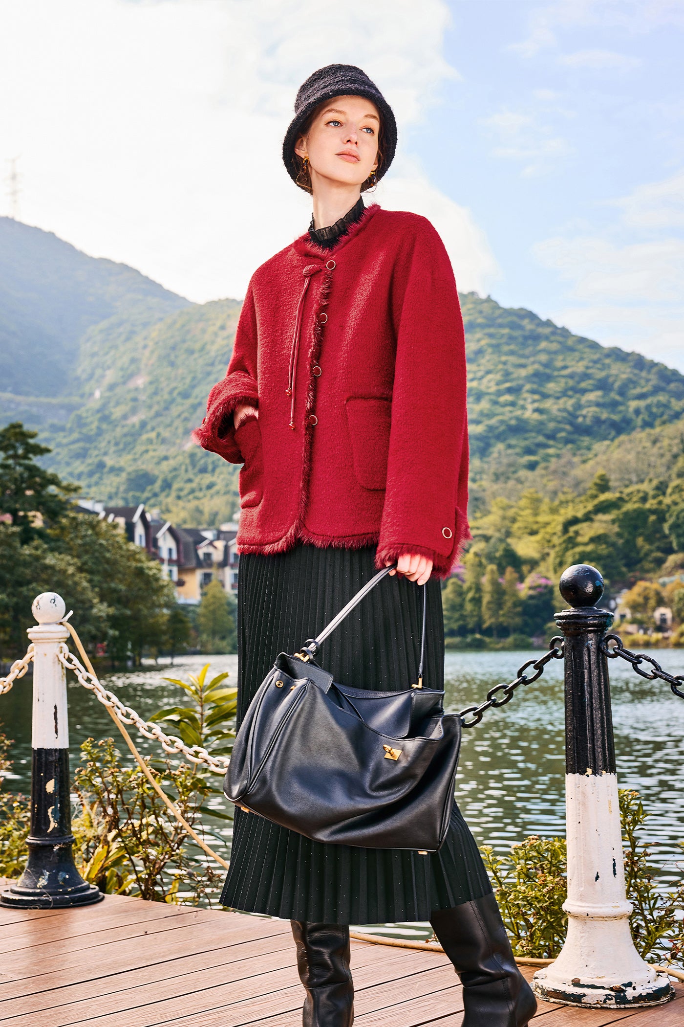 KAMILAN Women's New Chinese-Style Coat – 2025 Autumn/Winter Fur-Trimmed Round-Neck Jacket