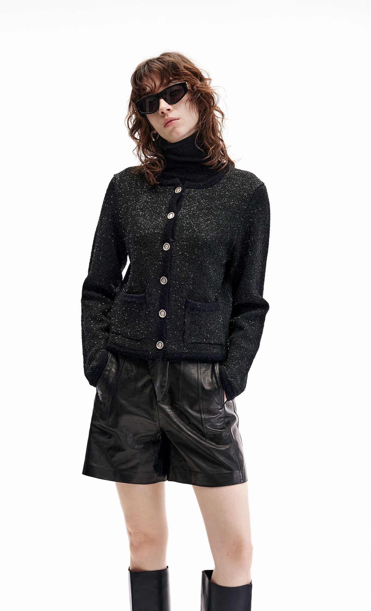 KAMILAN Women's Short Tweed Jacket – 2025 Autumn/Winter New French Chic Black Wool Coat Top