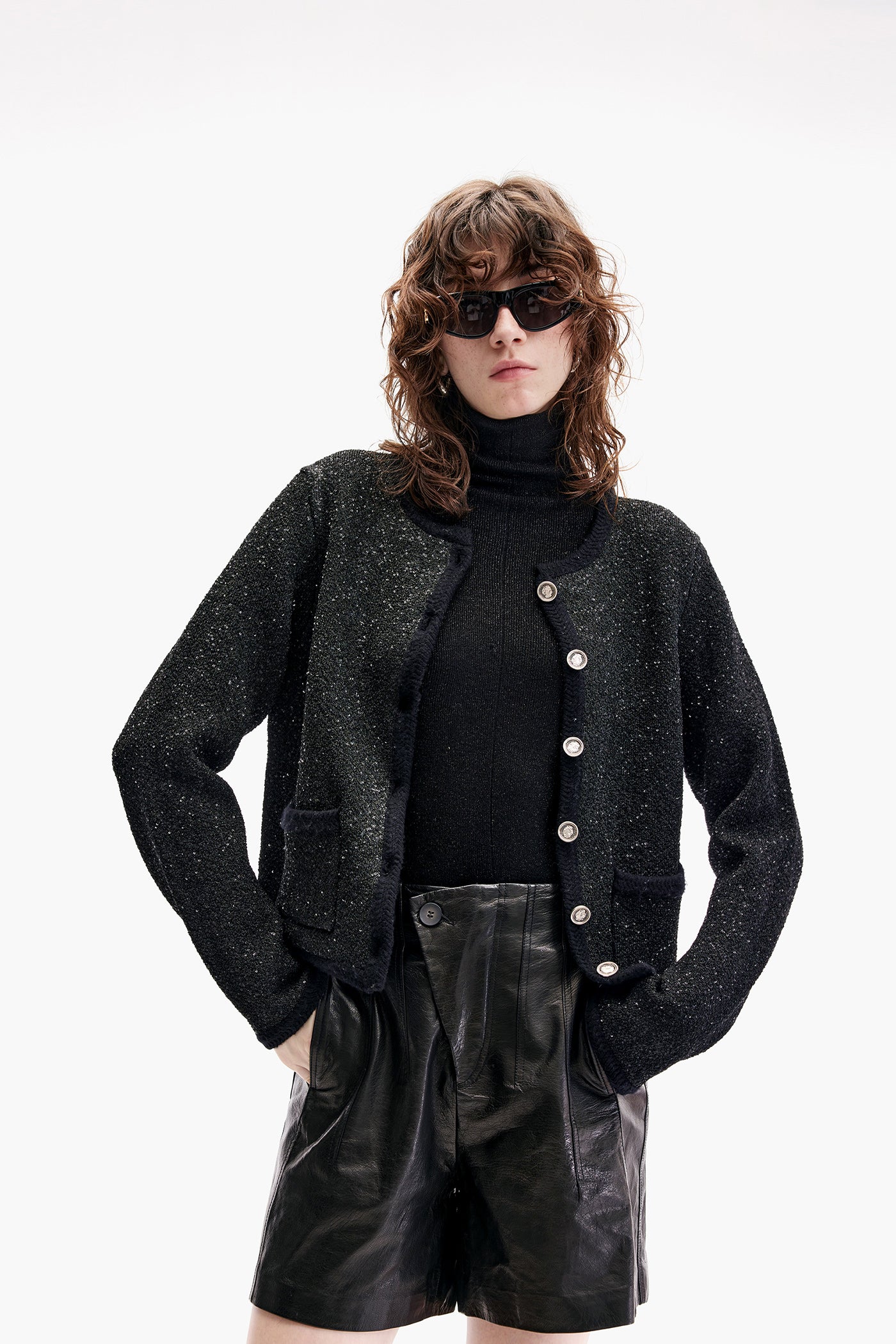 KAMILAN Women's Short Tweed Jacket – 2025 Autumn/Winter New French Chic Black Wool Coat Top