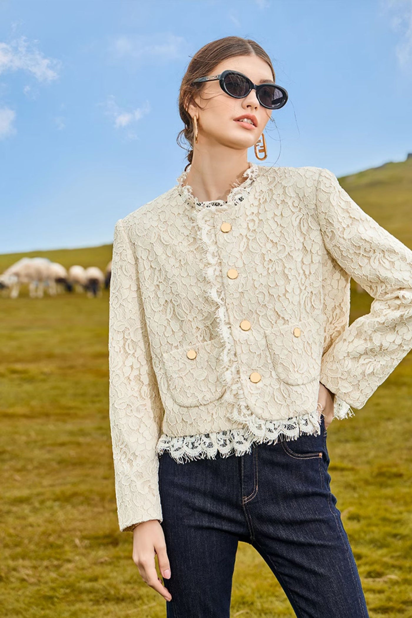 KAMILAN French Elegant Cropped Tweed Jacket for Women | 2025 Autumn Lace Embroidery & Flocking Design
