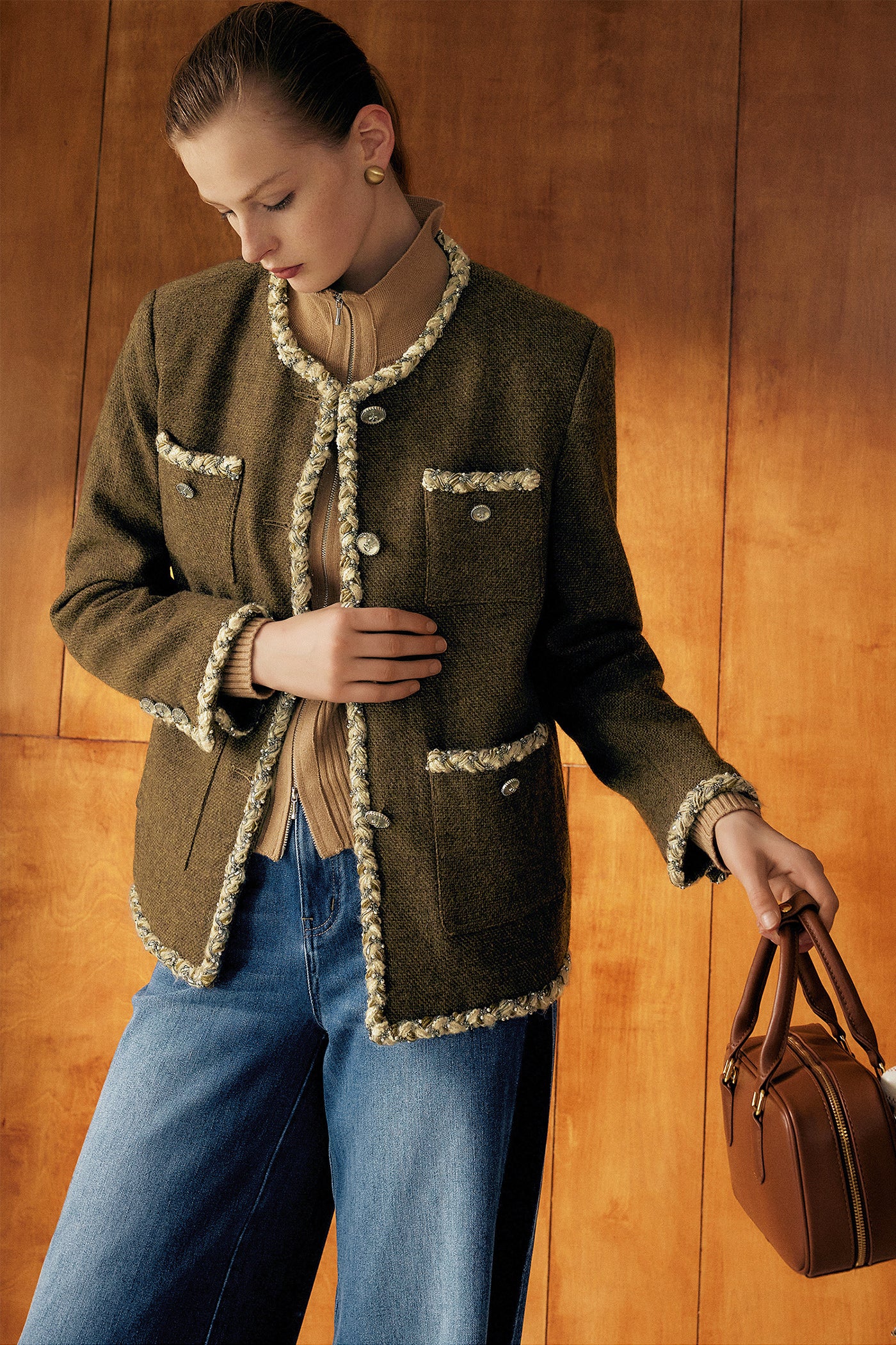 KAMILAN Women's Wool Tweed Short Jacket – 2025 Autumn New French Chic Cropped Coat
