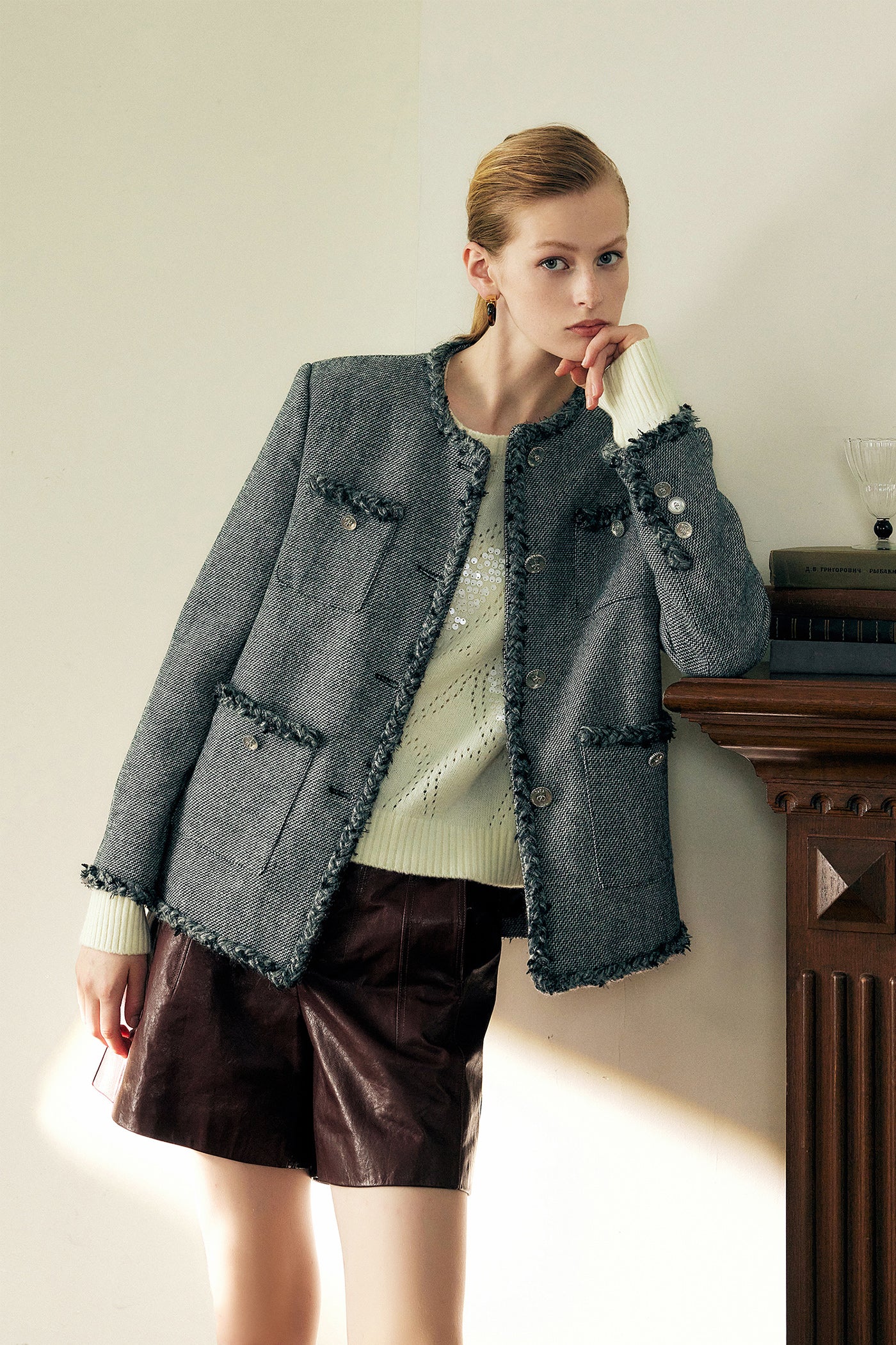KAMILAN Women's Wool Tweed Short Jacket – 2025 Autumn New French Chic Cropped Coat