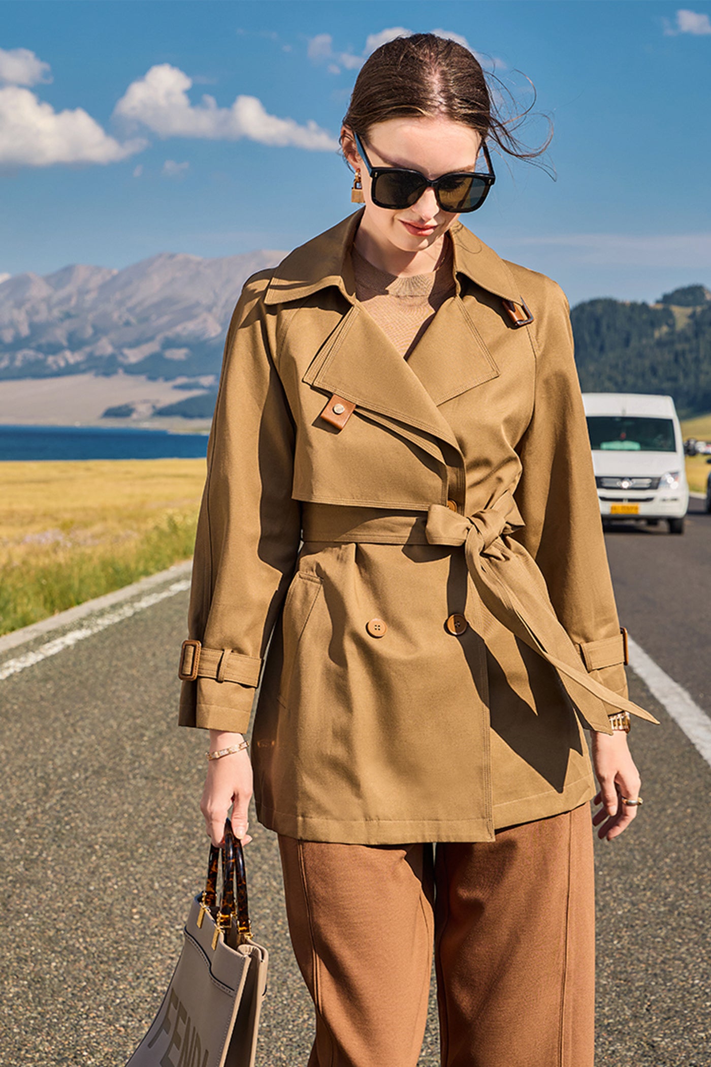 KAMILAN Women's Classic Double-Breasted Trench Coat – 2025 Autumn New Vintage British Style Khaki Casual Outerwear