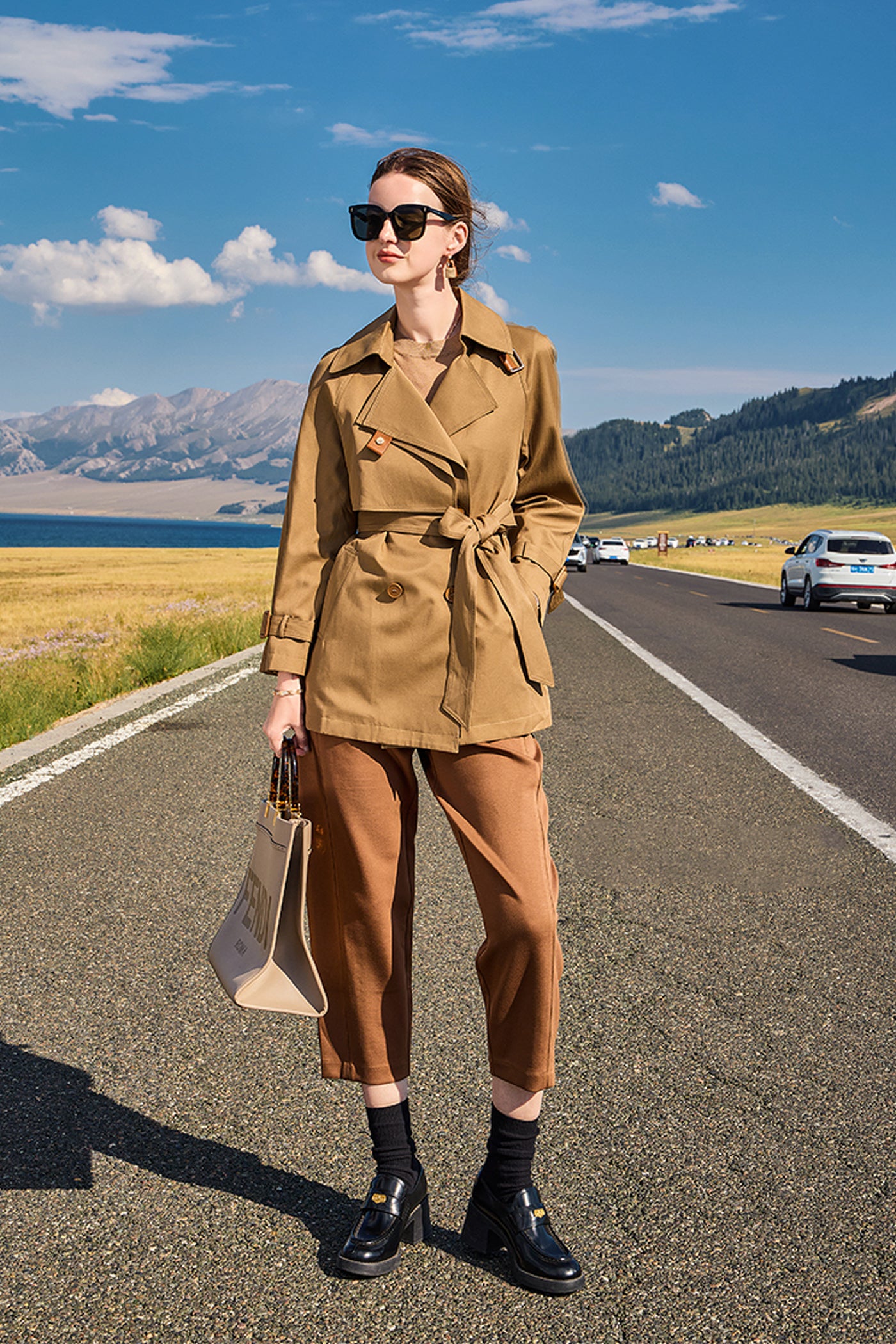 KAMILAN Women's Classic Double-Breasted Trench Coat – 2025 Autumn New Vintage British Style Khaki Casual Outerwear
