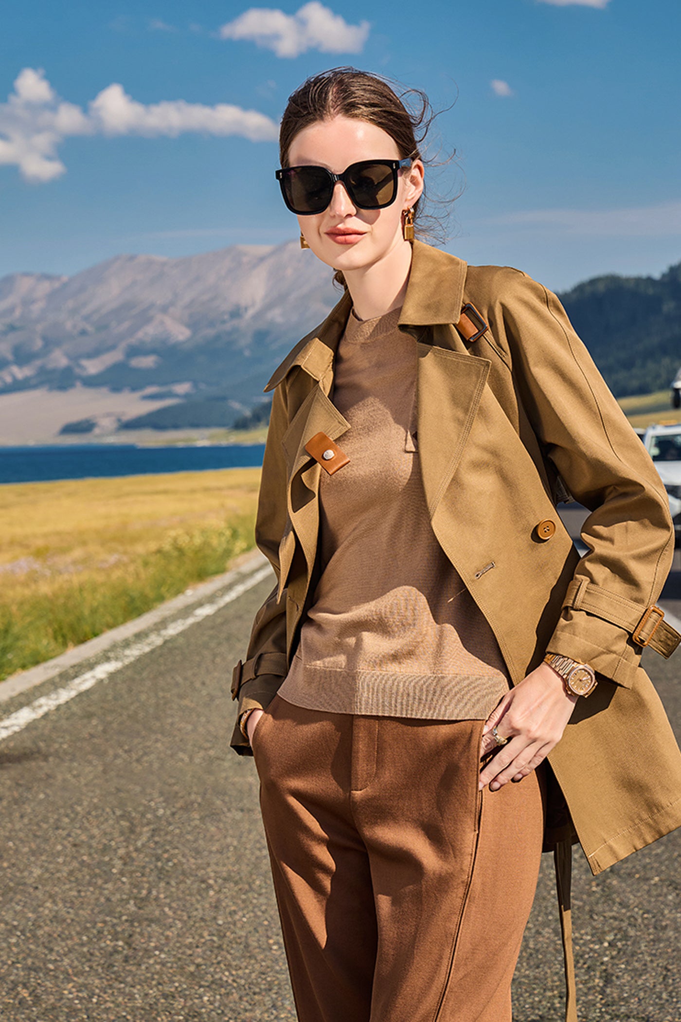 KAMILAN Women's Classic Double-Breasted Trench Coat – 2025 Autumn New Vintage British Style Khaki Casual Outerwear