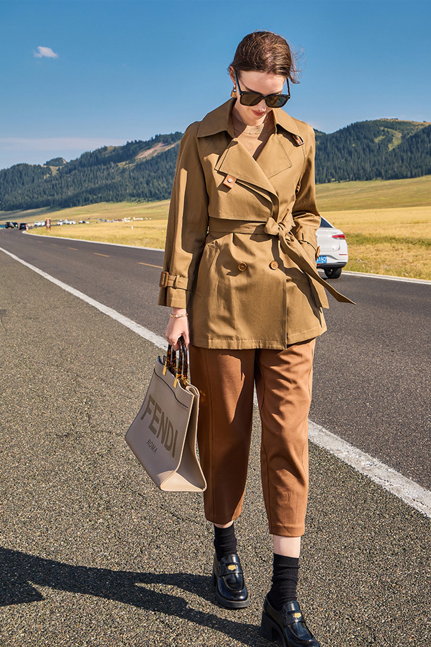 KAMILAN Women's Classic Double-Breasted Trench Coat – 2025 Autumn New Vintage British Style Khaki Casual Outerwear