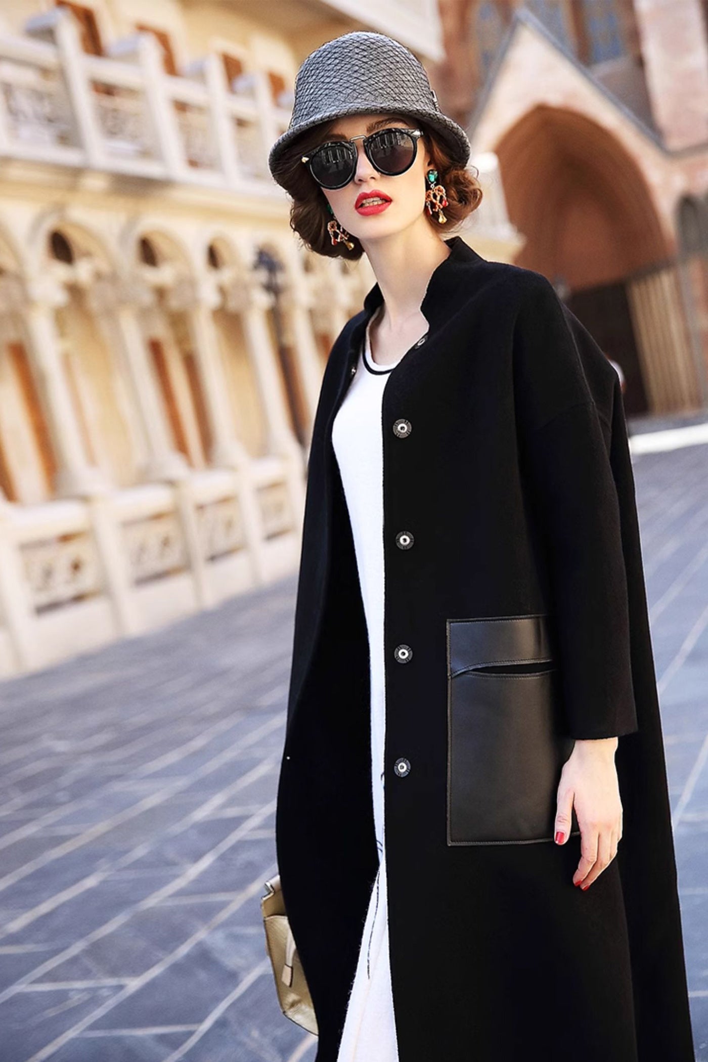 KAMILAN Women's Cocoon-Shape Wool Coat – 2025 Autumn/Winter New Handmade Double-Faced Wool Overcoat with Stand Collar and 3/4 Sleeves
