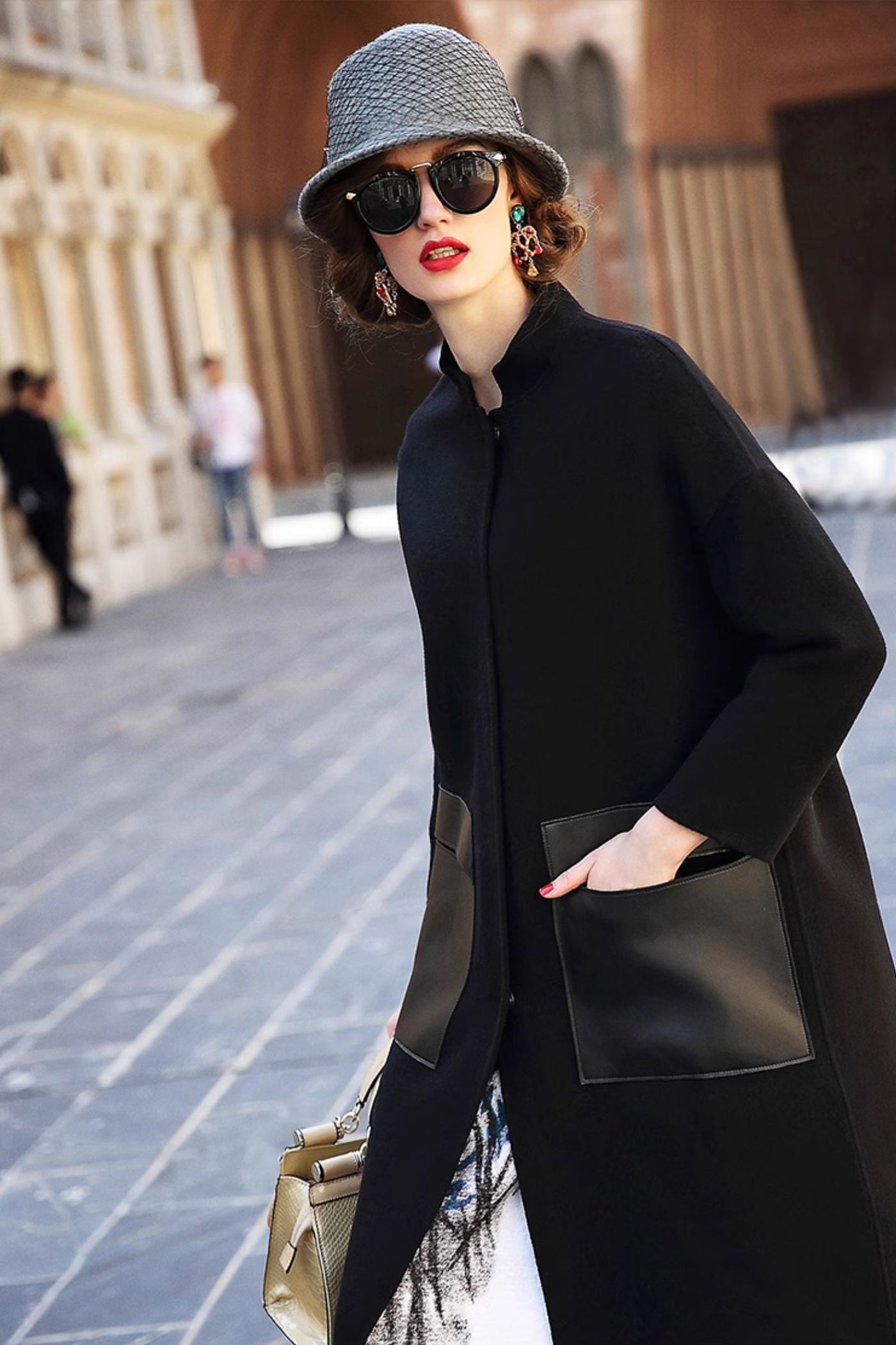 KAMILAN Women's Cocoon-Shape Wool Coat – 2025 Autumn/Winter New Handmade Double-Faced Wool Overcoat with Stand Collar and 3/4 Sleeves