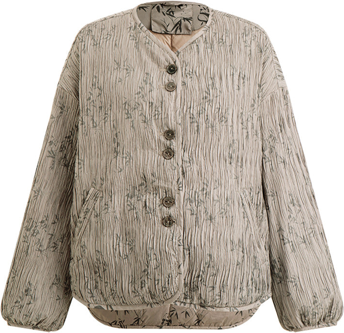 KAMILAN 2025 Winter Short Puffer Jacket for Women | Retro Pleated Floral Down Coat with White Duck Down