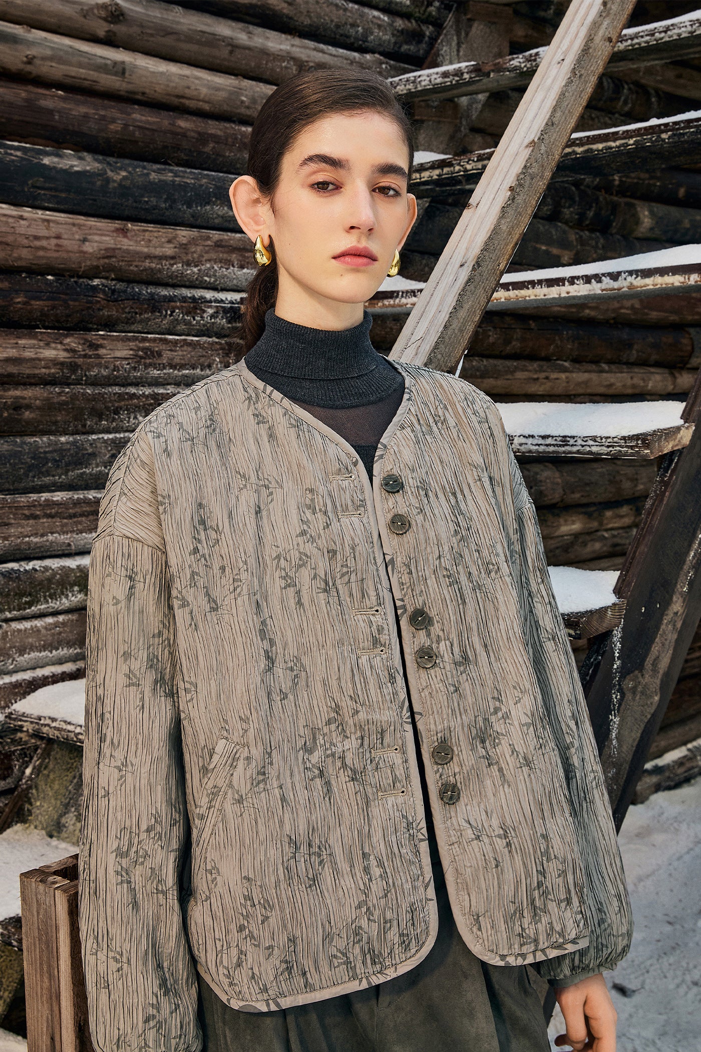 KAMILAN 2025 Winter Short Puffer Jacket for Women | Retro Pleated Floral Down Coat with White Duck Down
