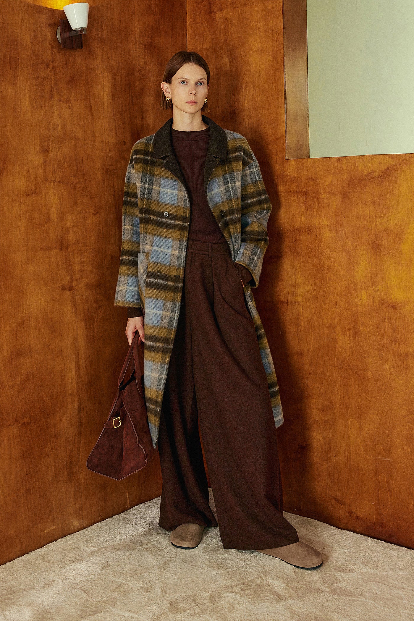 KAMILAN Houndstooth Wool Coat – 2025 Autumn New Mid-Length Double-Faced Wool Overcoat