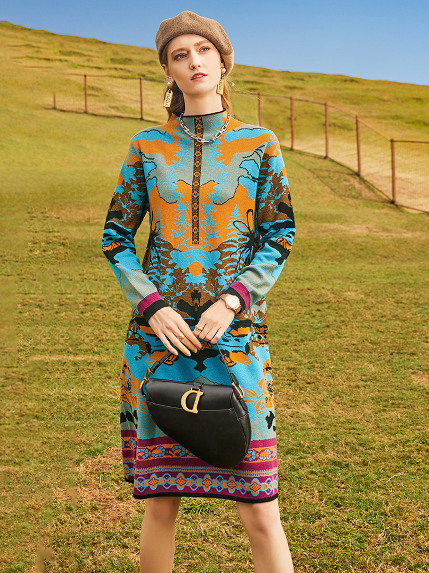 KAMILAN Women’s 2025 Fall A-Line Long-Sleeve Printed Knit Dress Loose-Fit Round-Neck Pullover Midi Dress