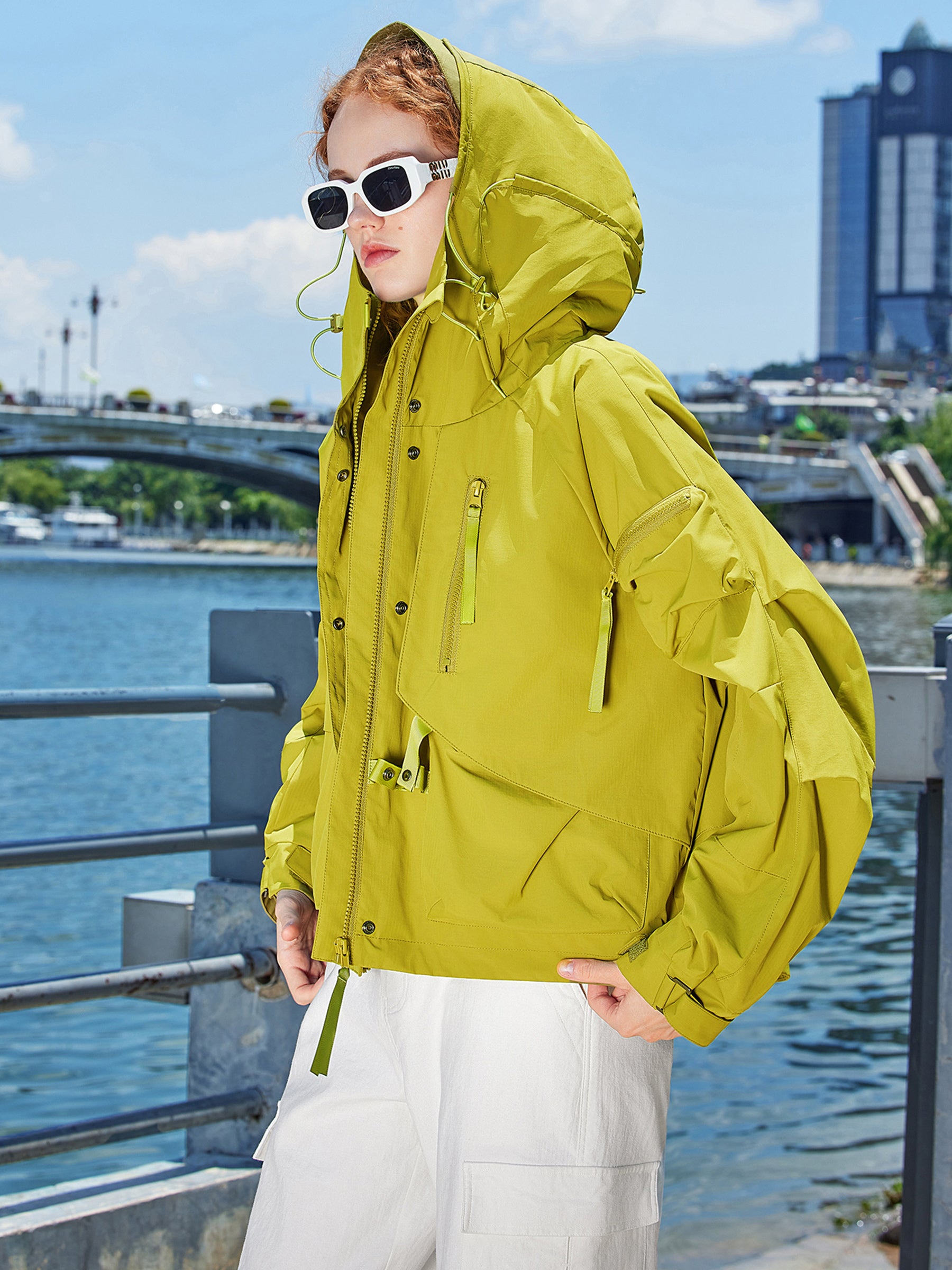 KAMILAN Women’s 2025 Fall Short Hooded Polyester Trench Coat Water-Repellent Casual Loose-Fit Jacket Olive Yellow
