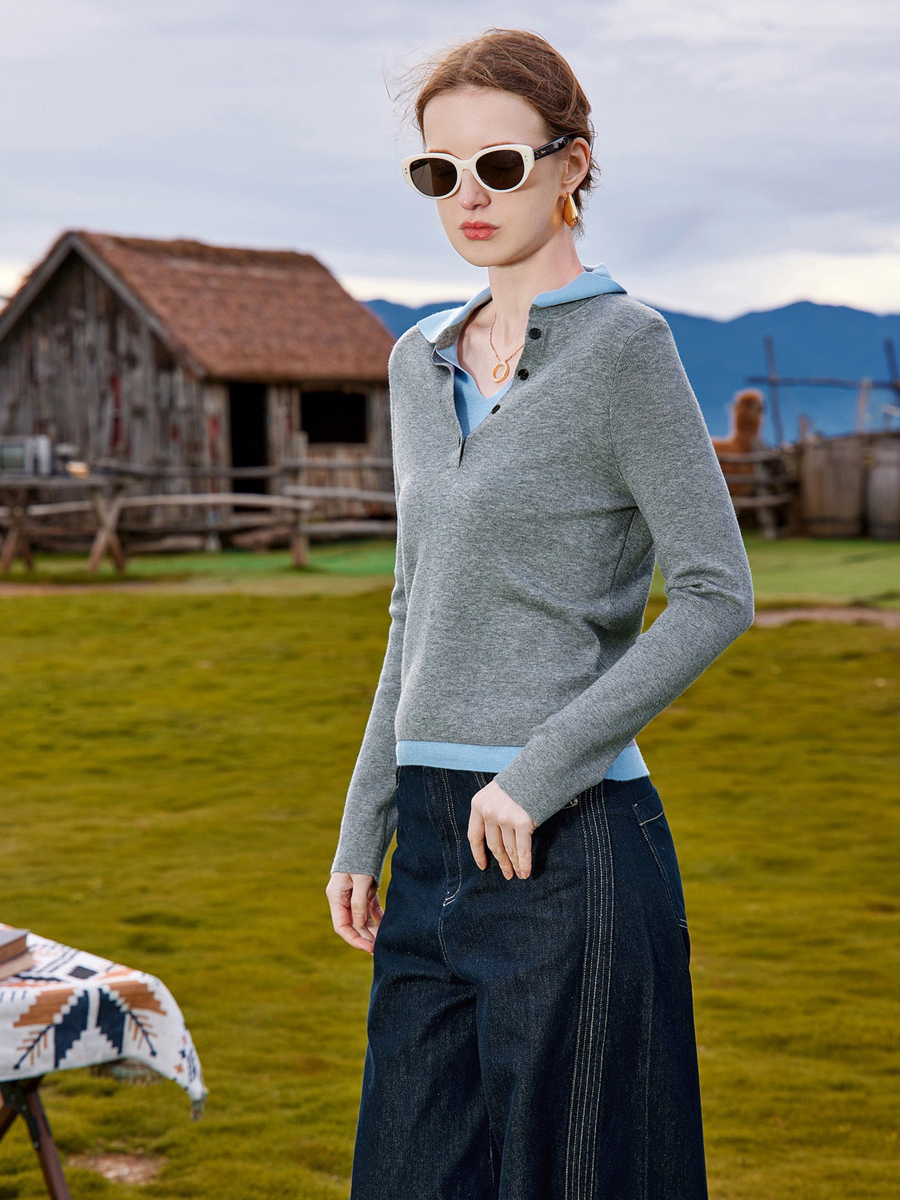 KAMILAN Women’s 2025 Fall French-Style Colorblock Polo Collar Knit Pullover Sweater Slim Casual Long-Sleeve Top