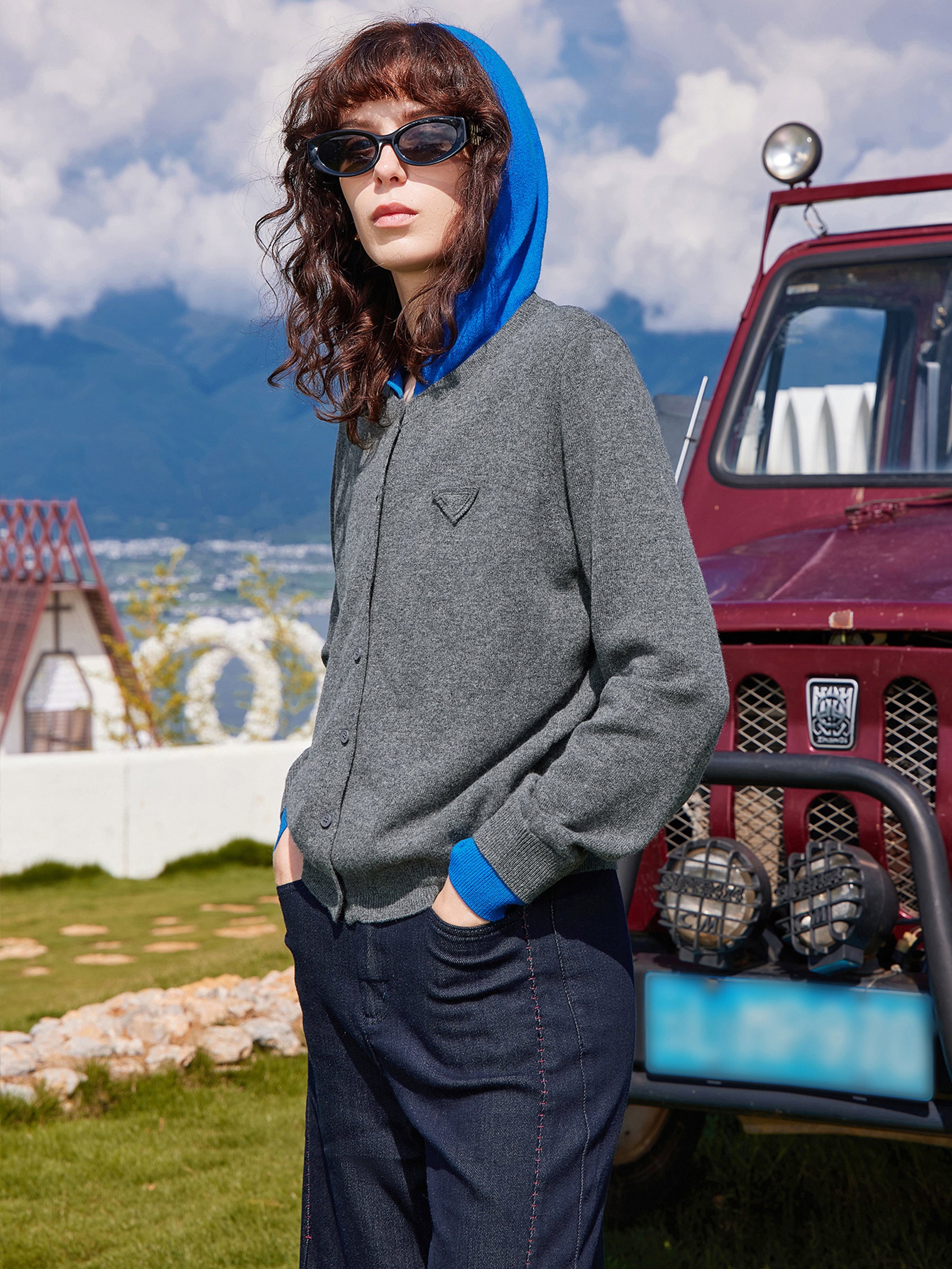 KAMILAN Women’s 2025 Fall 100% Merino Wool Colorblock Hooded Knit Cardigan Button-Front Soft Loose-Fit Sweater Jacket