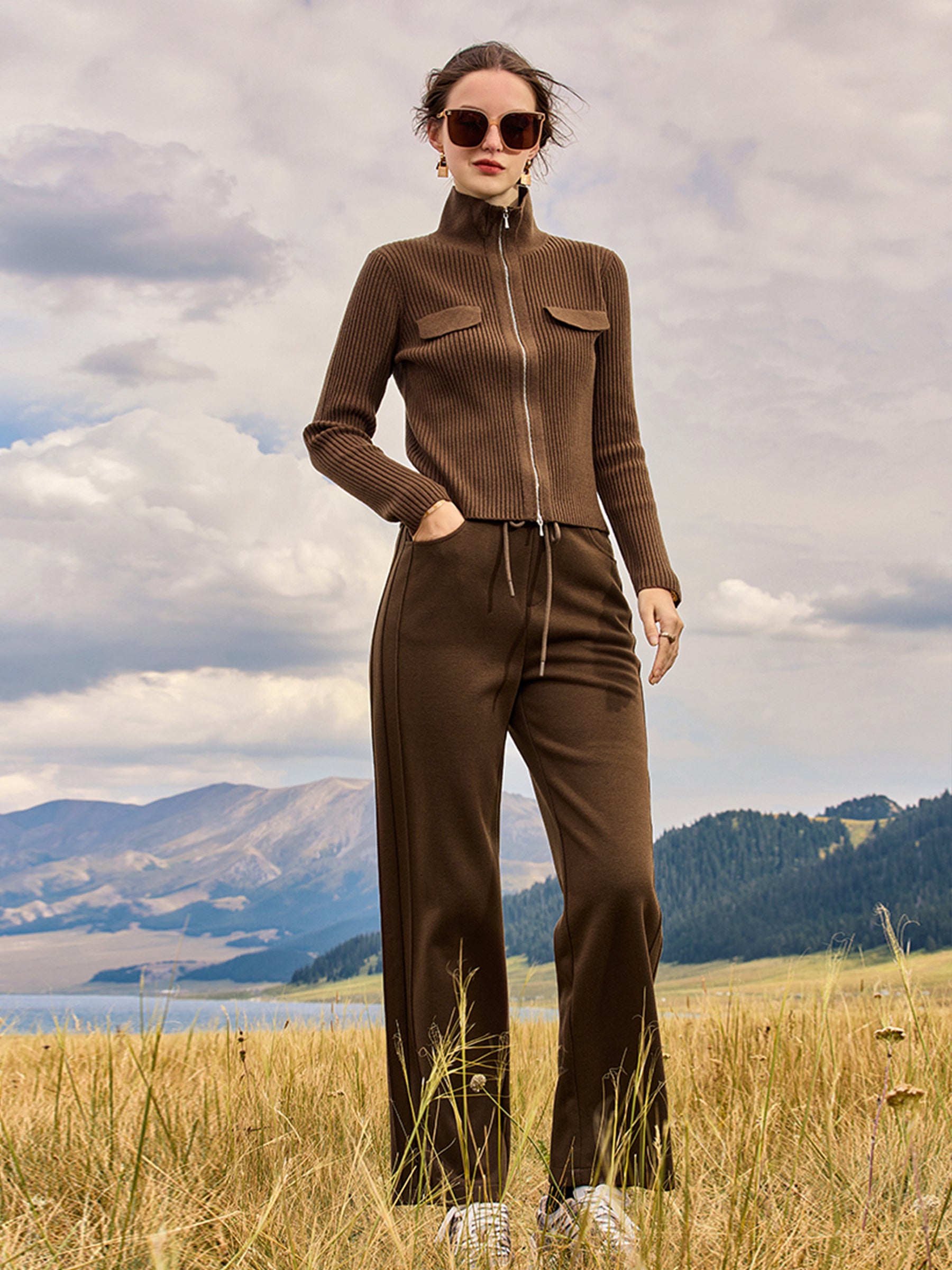 KAMILAN Women’s 2025 Fall Wool Blend Stand-Collar Zip-Up Street Style Straight Knit Jacket