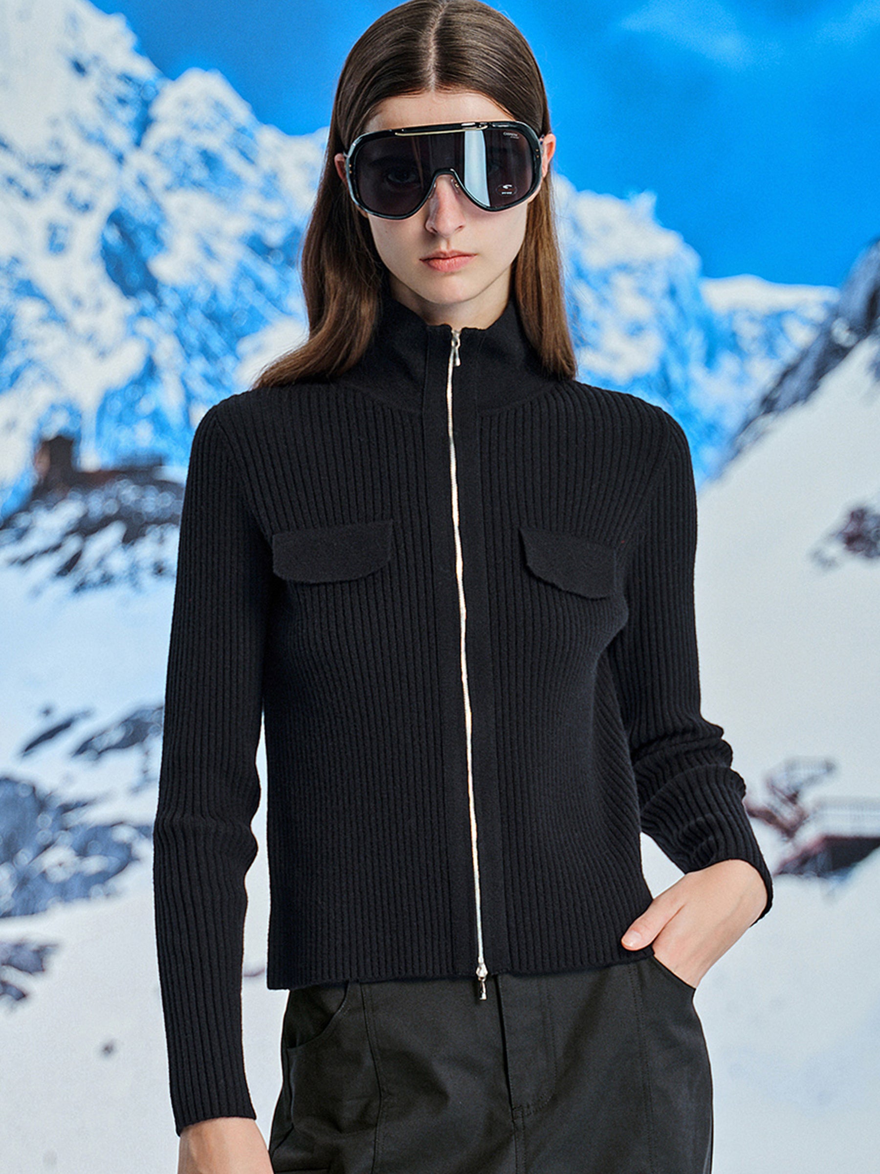 KAMILAN Women’s 2025 Fall Wool Blend Stand-Collar Zip-Up Street Style Straight Knit Jacket