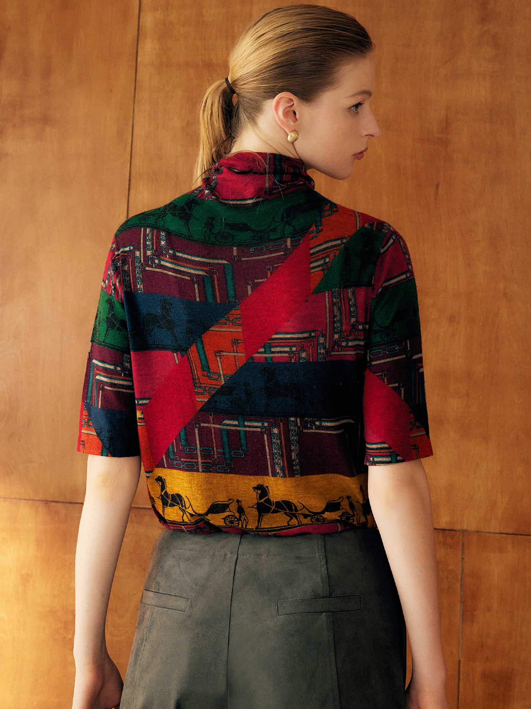 KAMILAN Women’s 2025 Fall 100% Merino Wool Printed Mock-Neck Knit Sweater Elegant Fine Long-Sleeve Pullover Top