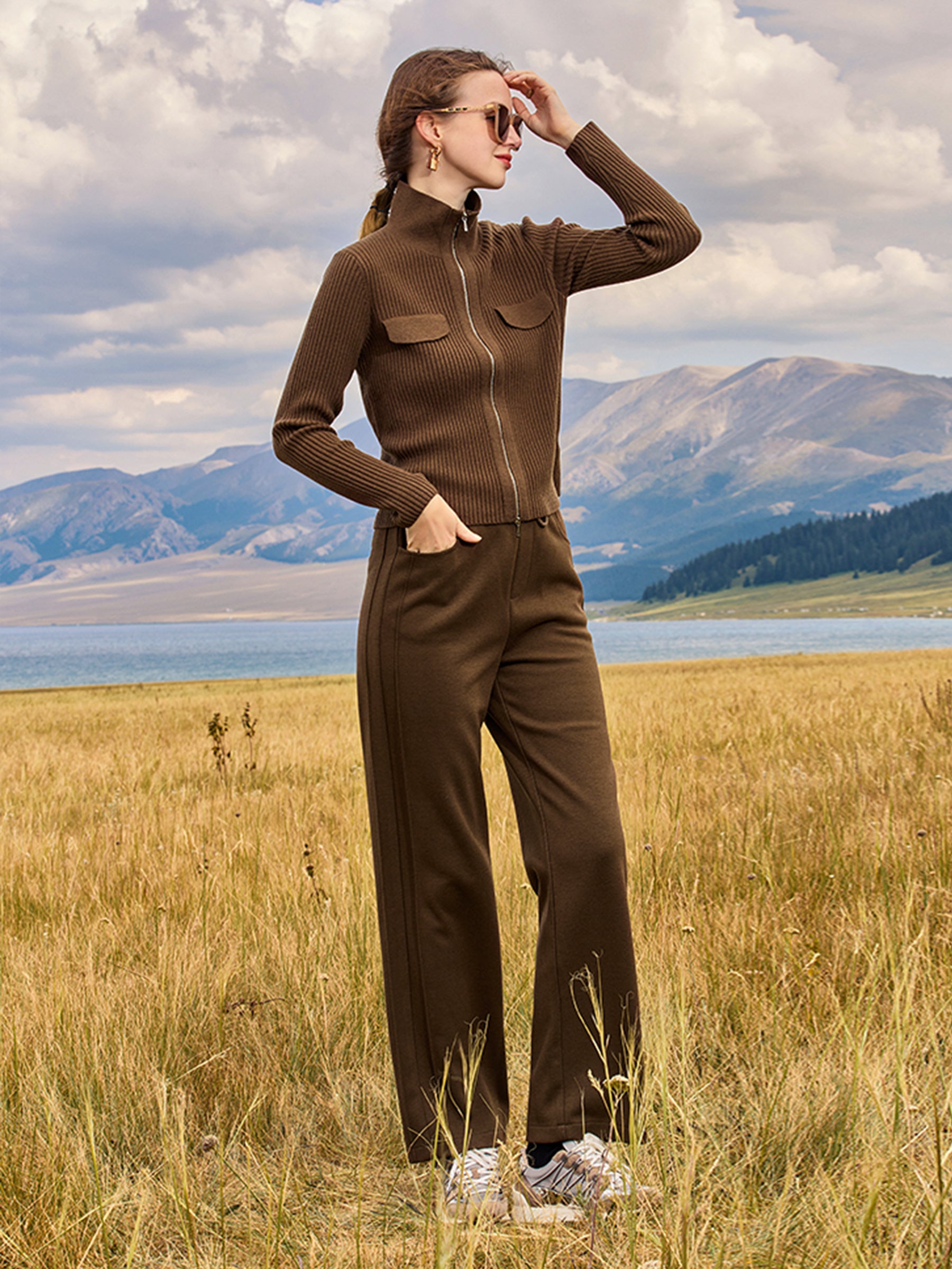 KAMILAN Women’s 2025 Fall Wool Blend Stand-Collar Zip-Up Street Style Straight Knit Jacket