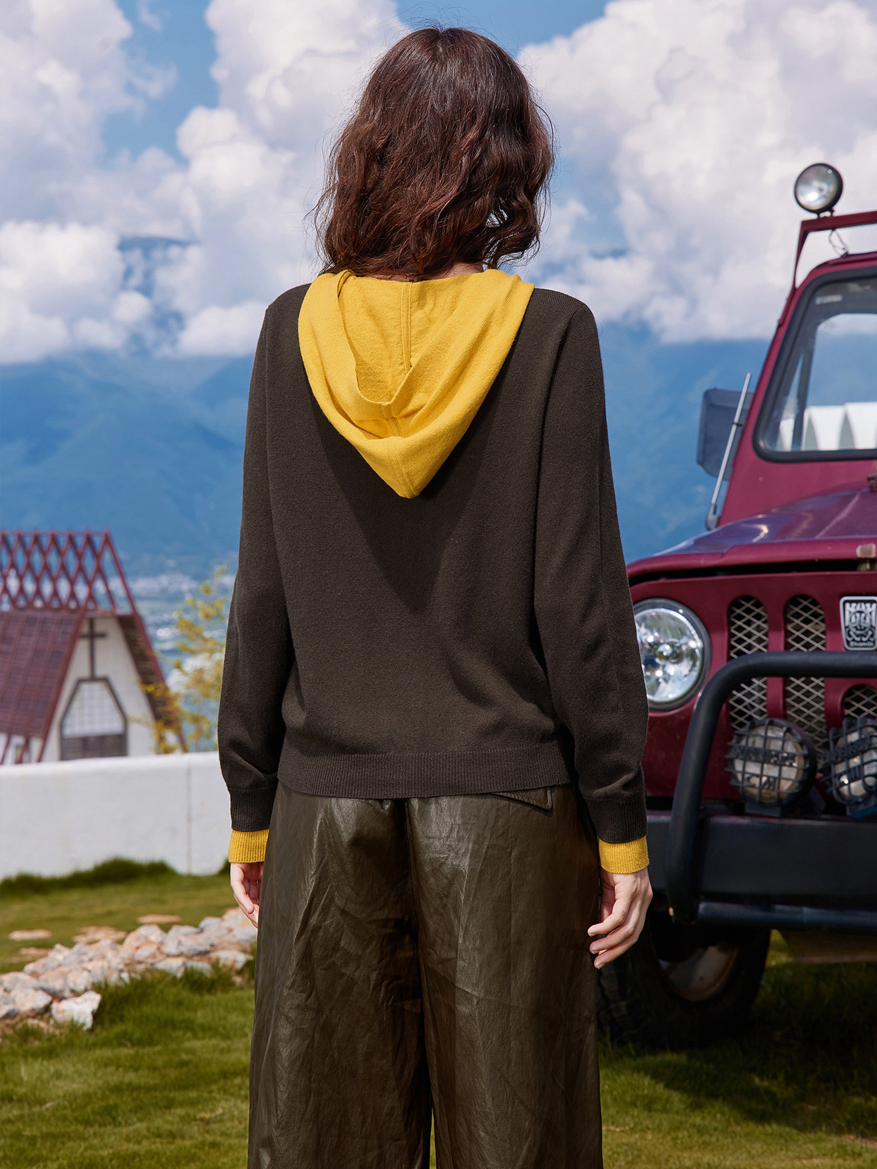 KAMILAN Women’s 2025 Fall 100% Merino Wool Colorblock Hooded Knit Cardigan Button-Front Soft Loose-Fit Sweater Jacket