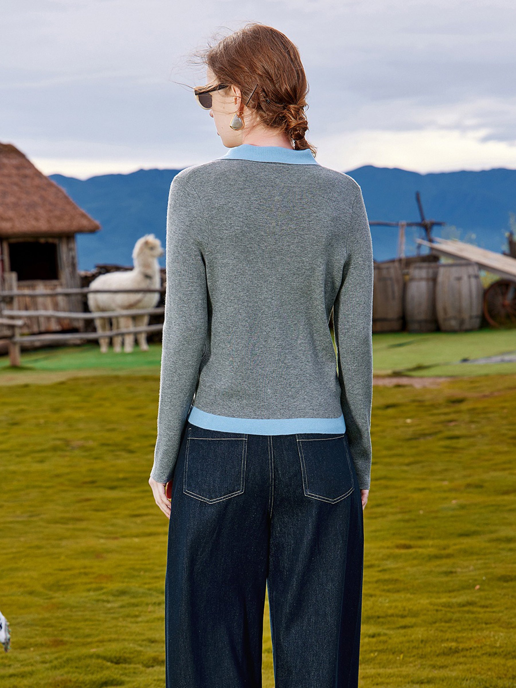 KAMILAN Women’s 2025 Fall French-Style Colorblock Polo Collar Knit Pullover Sweater Slim Casual Long-Sleeve Top