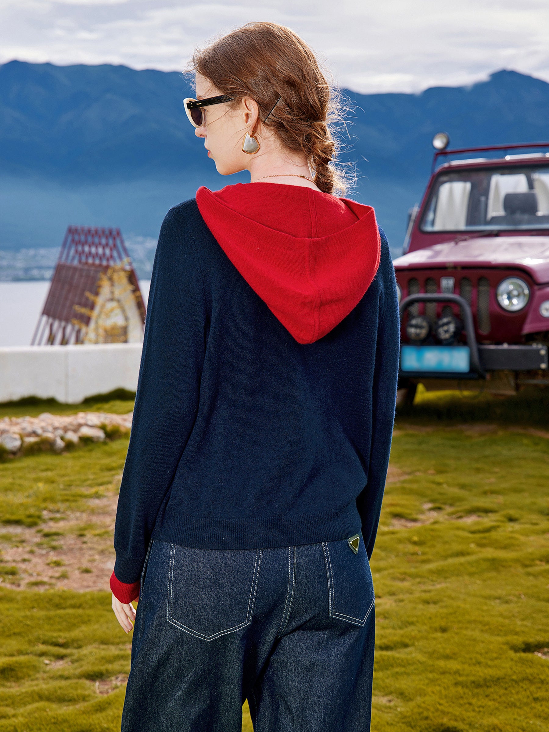 KAMILAN Women’s 2025 Fall 100% Merino Wool Colorblock Hooded Knit Cardigan Button-Front Soft Loose-Fit Sweater Jacket