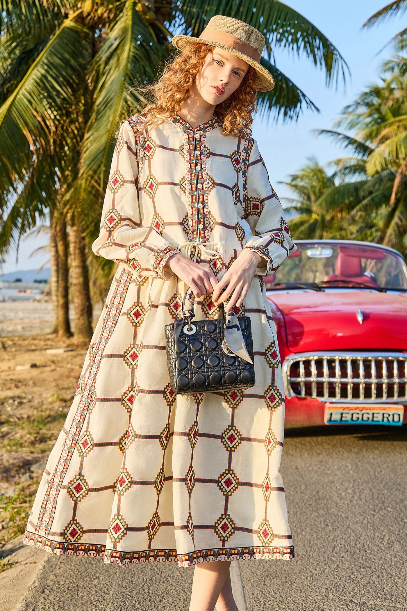 Camillo French small stand up collar high waisted dress for women in the spring of 2025, mid length embroidered A-line skirt