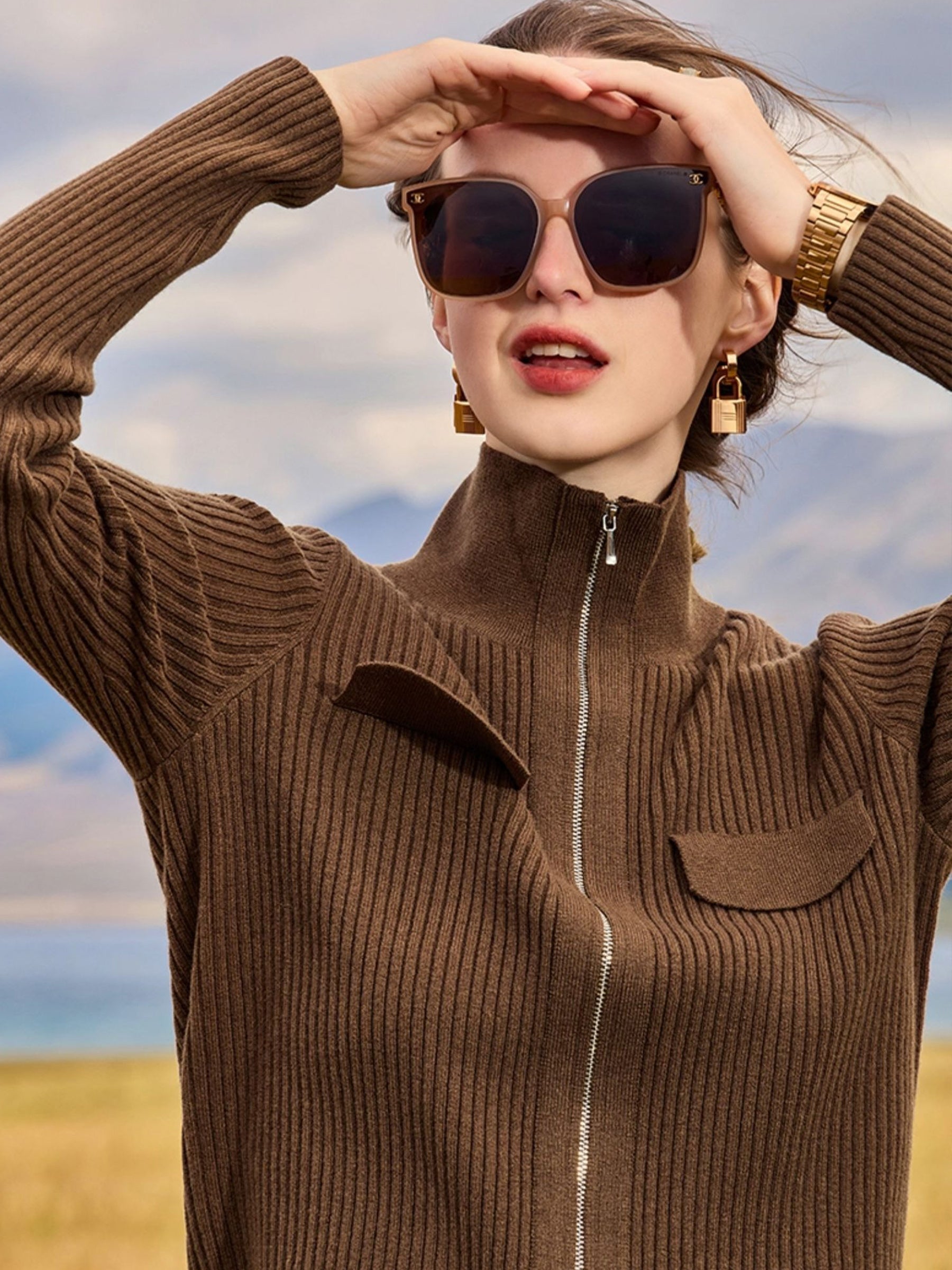 KAMILAN Women’s 2025 Fall Wool Blend Stand-Collar Zip-Up Street Style Straight Knit Jacket