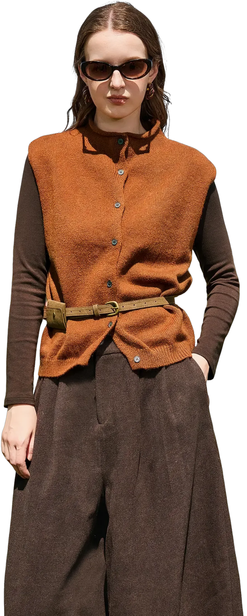 KAMILAN Retro-style women's 2025 autumn new collection base-knit top + vest + casual pants three-piece set