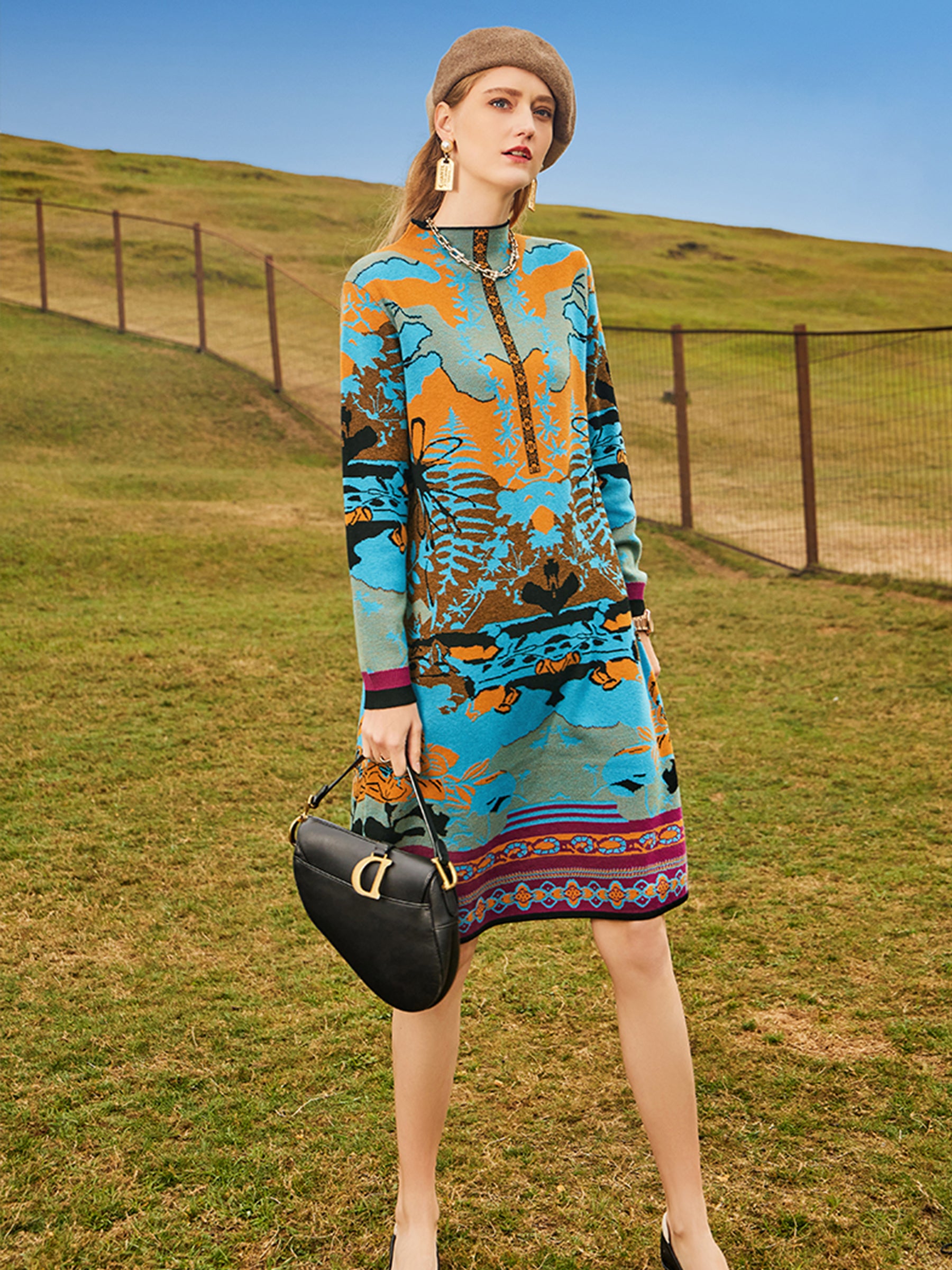 KAMILAN Women’s 2025 Fall A-Line Long-Sleeve Printed Knit Dress Loose-Fit Round-Neck Pullover Midi Dress