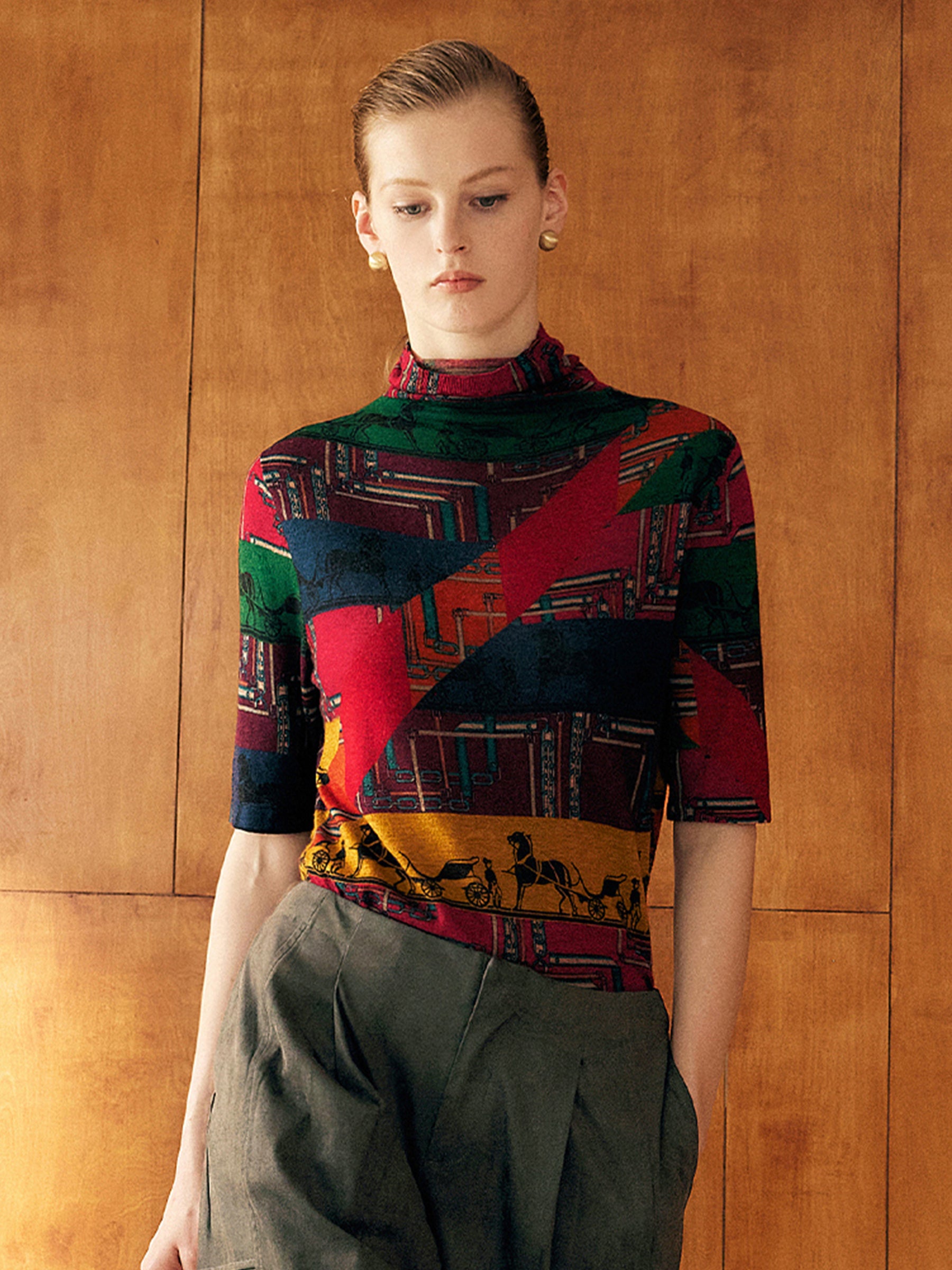 KAMILAN Women’s 2025 Fall 100% Merino Wool Printed Mock-Neck Knit Sweater Elegant Fine Long-Sleeve Pullover Top