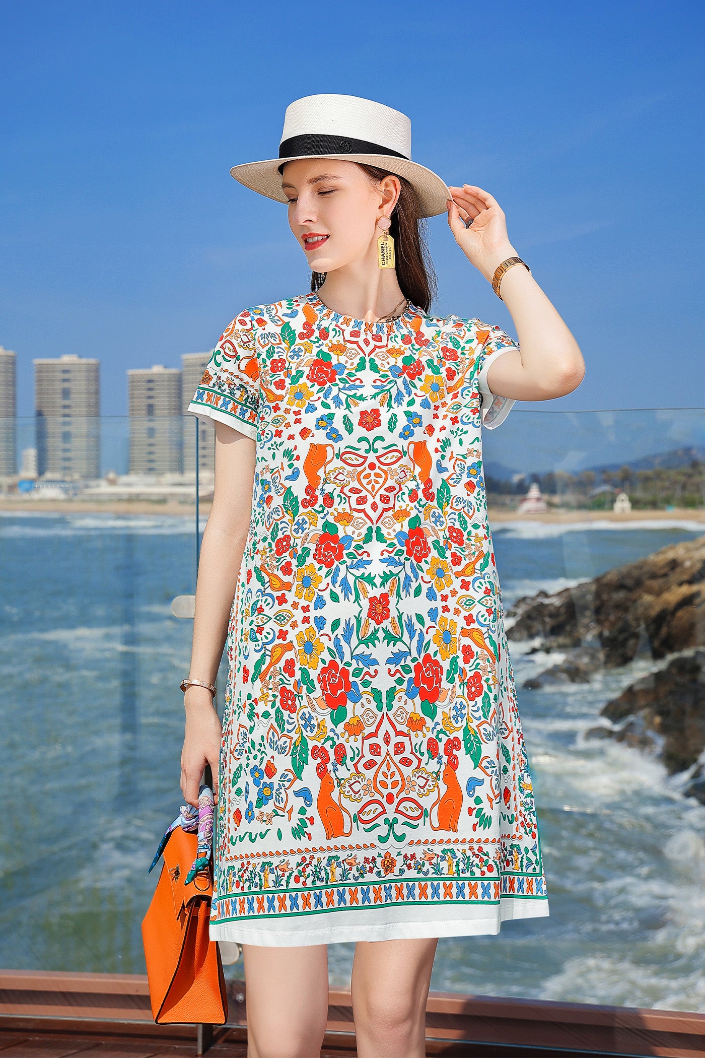 KAMILAN Bohemian Style Mulberry Silk Printed A-Line Dress