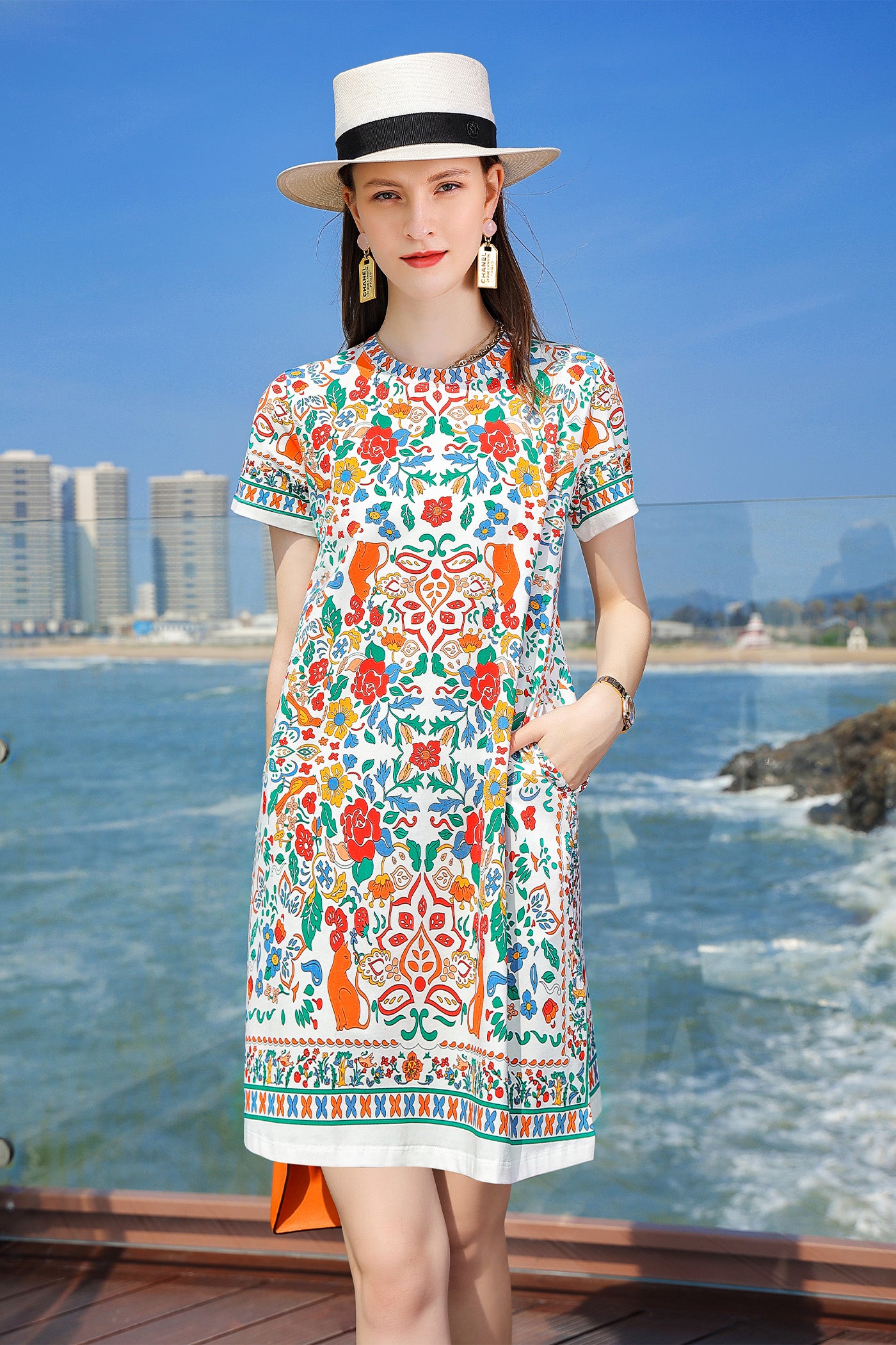 KAMILAN Bohemian Style Mulberry Silk Printed A-Line Dress