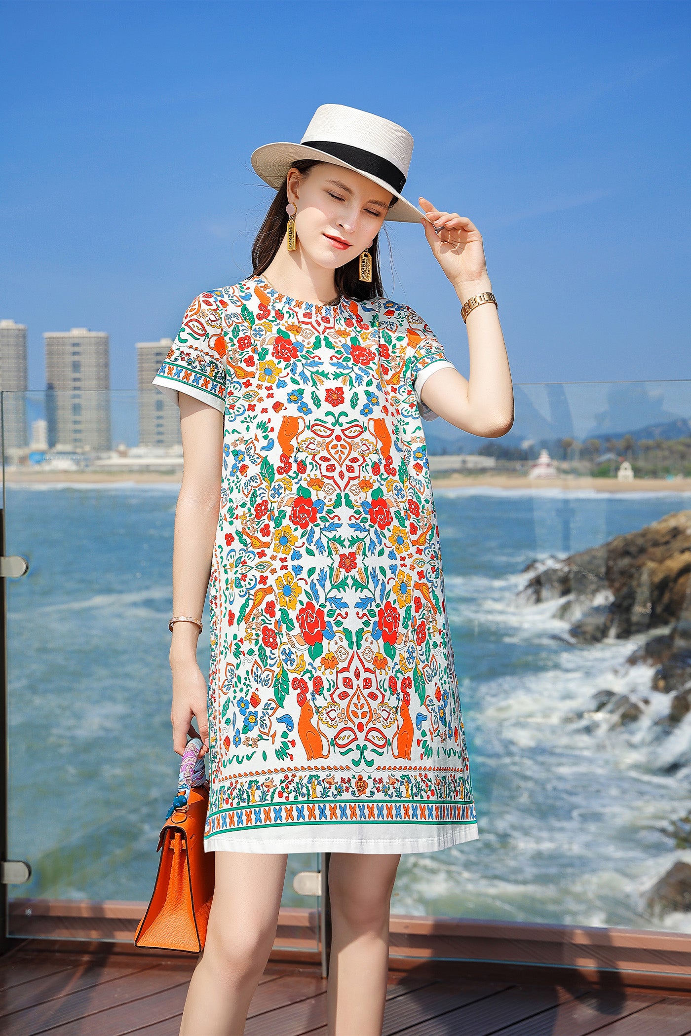 KAMILAN Bohemian Style Mulberry Silk Printed A-Line Dress