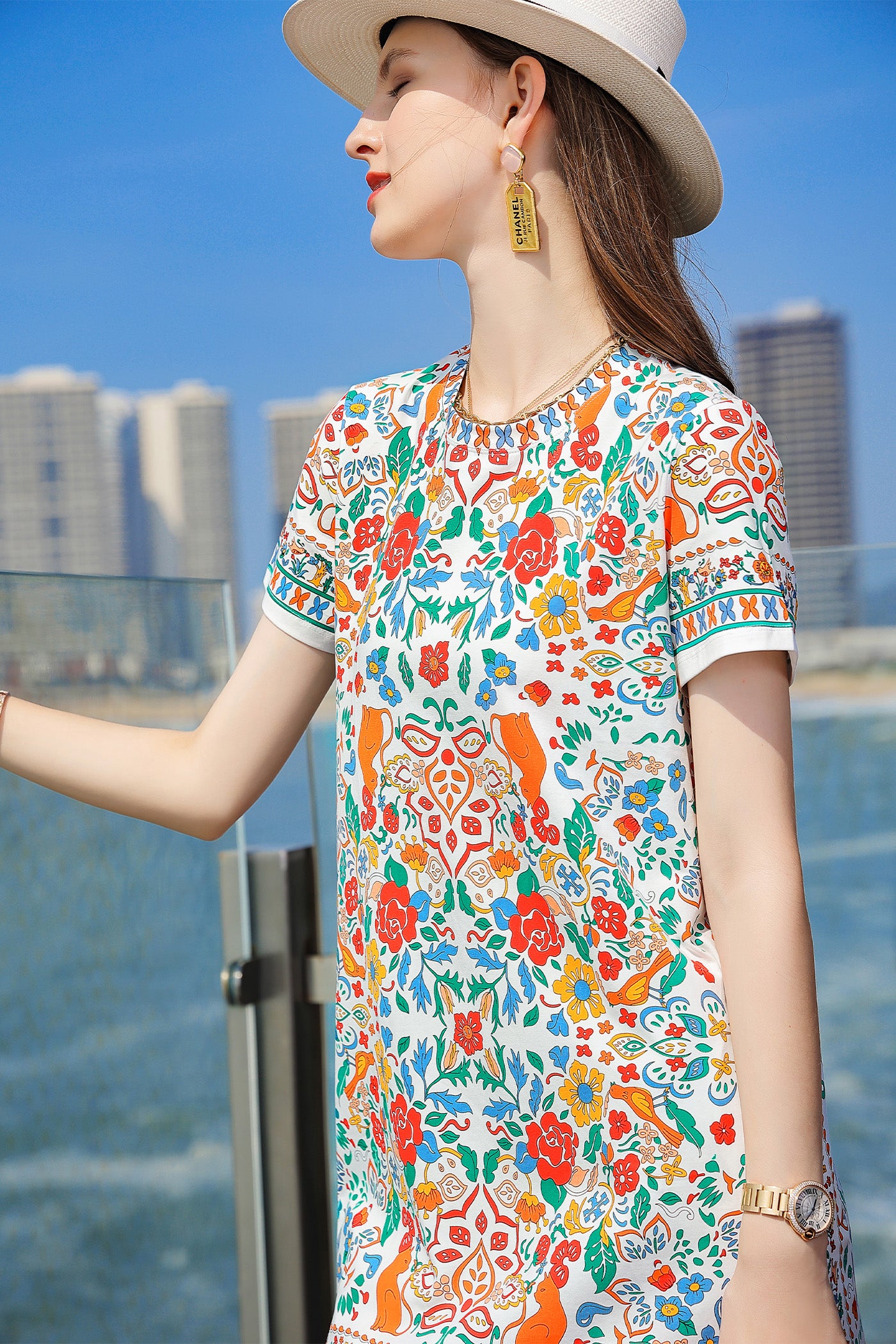 KAMILAN Bohemian Style Mulberry Silk Printed A-Line Dress