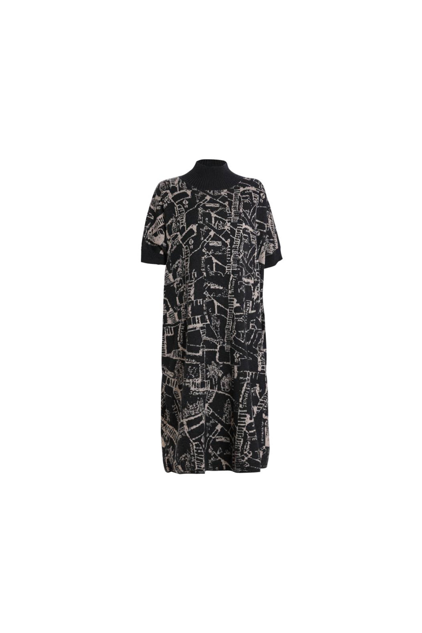 KAMILAN Women's Knit Midi Dress – 2025 Autumn/Winter New Loose-Fit Printed Short-Sleeve Sweater Dress