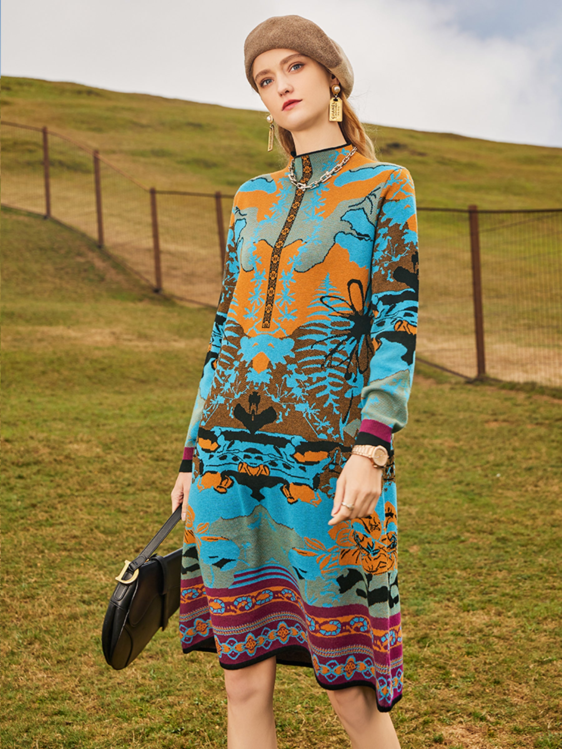 KAMILAN Women’s 2025 Fall A-Line Long-Sleeve Printed Knit Dress Loose-Fit Round-Neck Pullover Midi Dress