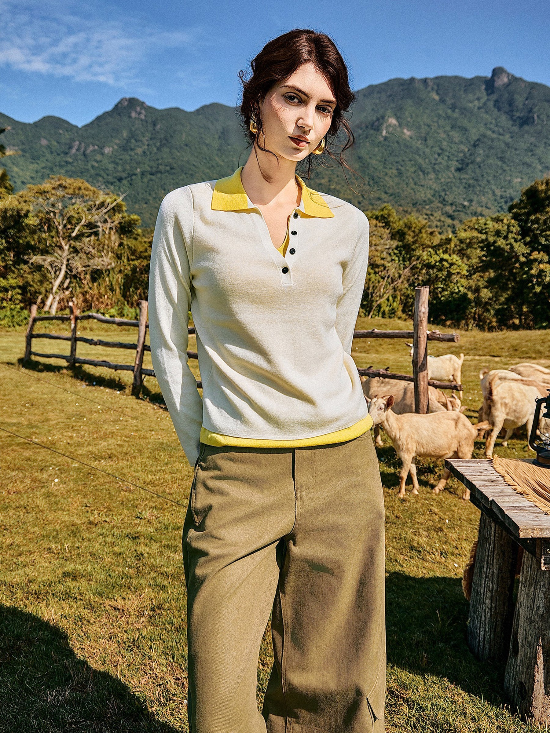 KAMILAN Women’s 2025 Fall French-Style Colorblock Polo Collar Knit Pullover Sweater Slim Casual Long-Sleeve Top