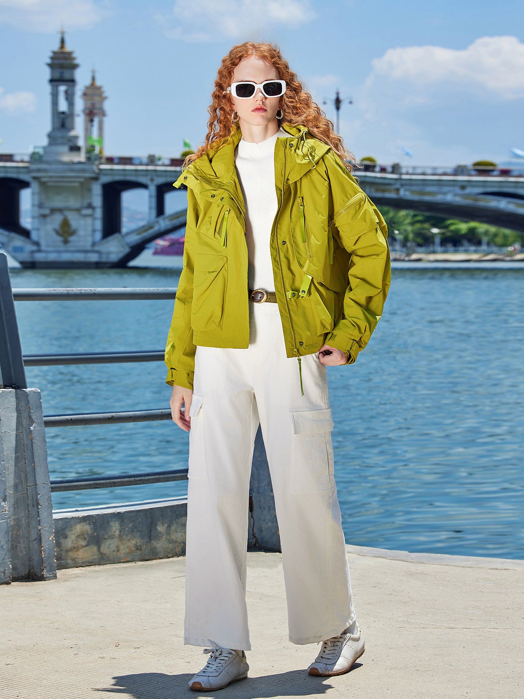 KAMILAN Women’s 2025 Fall Short Hooded Polyester Trench Coat Water-Repellent Casual Loose-Fit Jacket Olive Yellow