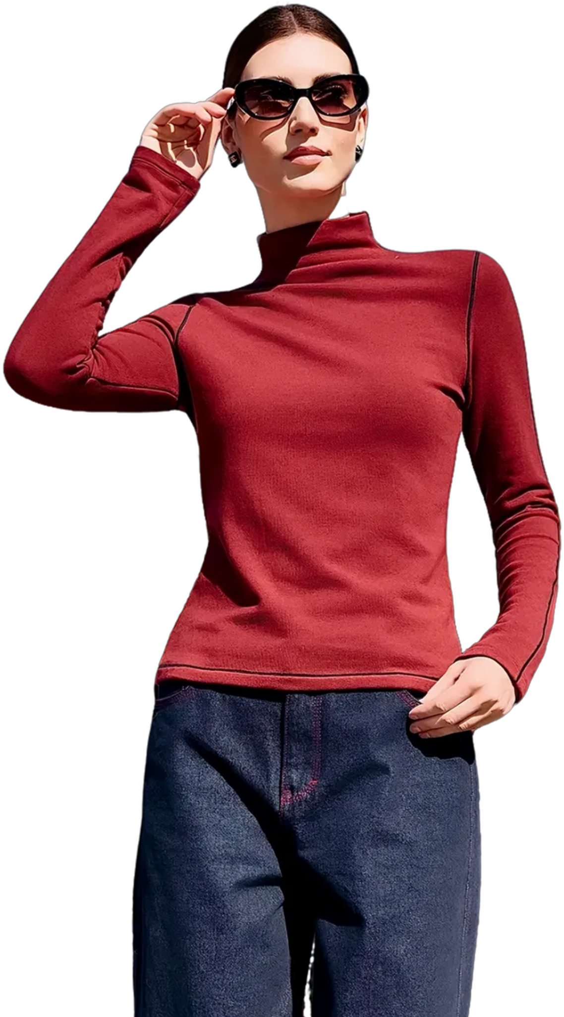 KAMILAN Red fitted long-sleeved base shirt T-shirt for women - Christmas outfit, winter new style, warm inner layer, elegant top
