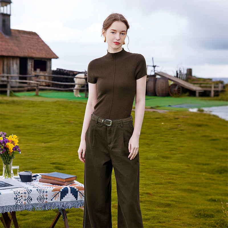 KAMILAN Short-sleeved knitted top for women, 2025 autumn new style, short and fitted, slimming and stylish wool sweater, cardigan