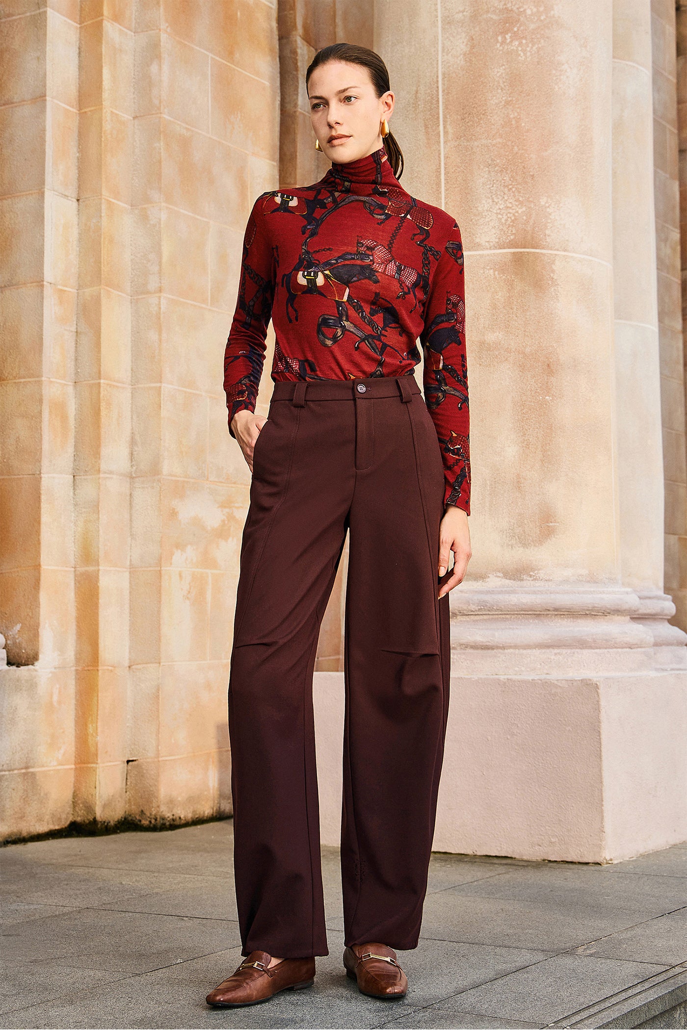 KAMILAN Women's Turtleneck Wool Sweater – 2025 Autumn New Printed Knit Base Layer Top