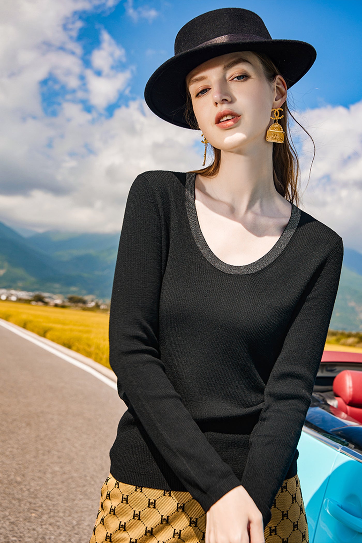 KAMILAN Women's Wool Knit Sweater – 2025 Autumn Winter Black Long-Sleeve Pullover Base Top